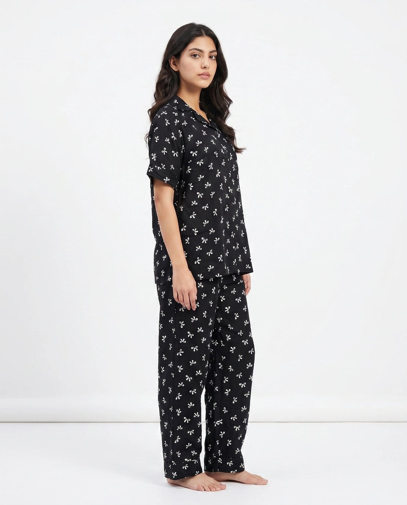 Black and White Bow Print Half Sleeve Linen PJ Set for Women - view 2