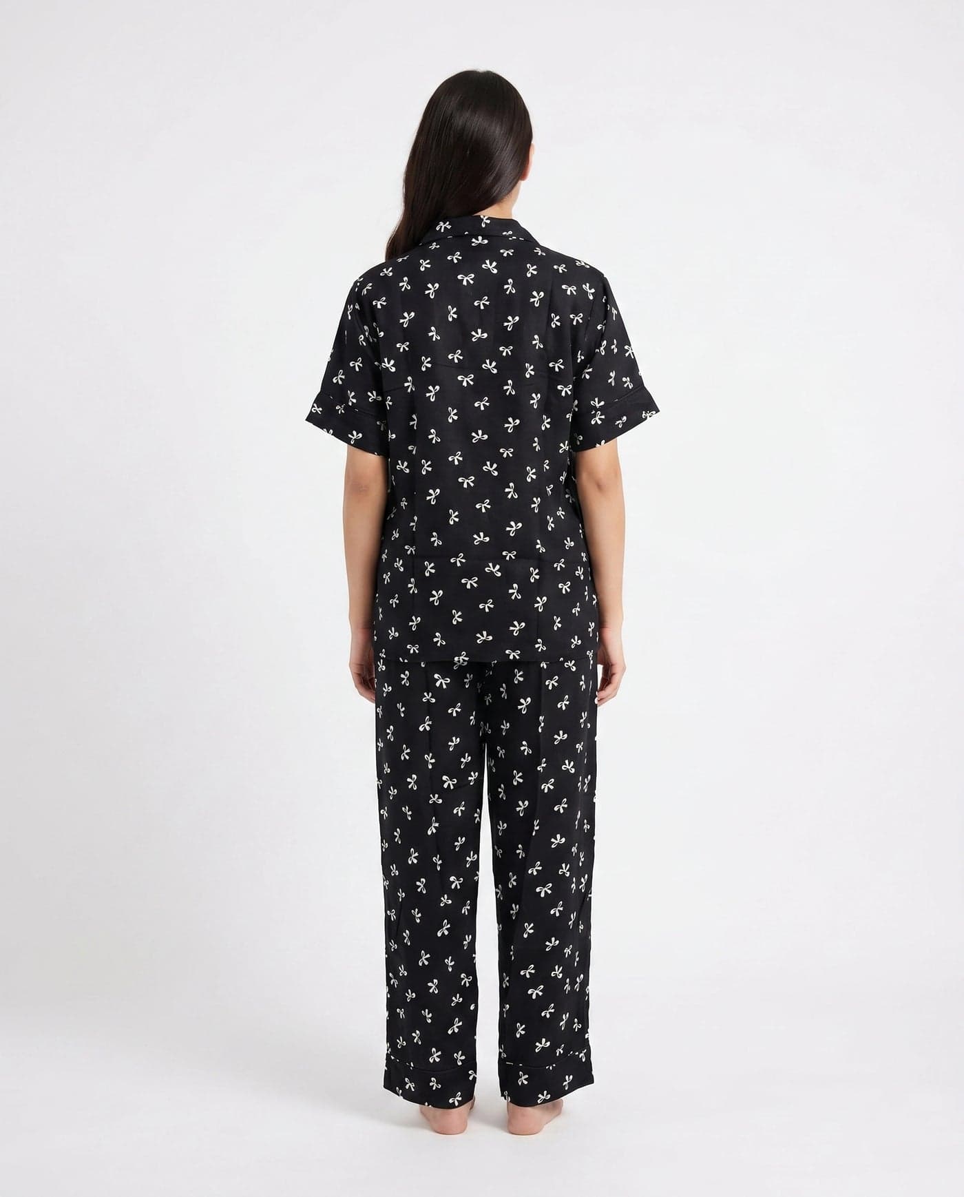 Black and White Bow Print Half Sleeve Linen PJ Set for Women - view 3