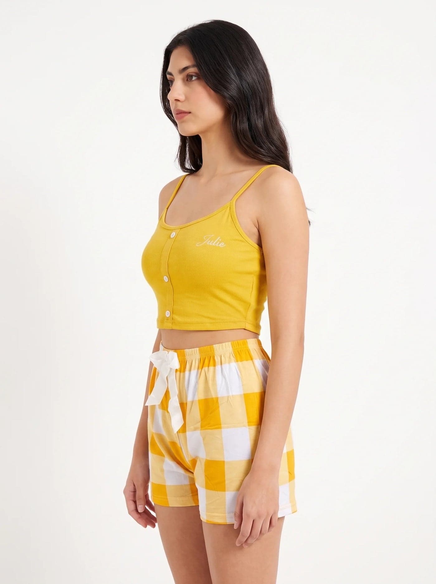 Yellow Check Button Front Cotton Cami Set for Women - view 2