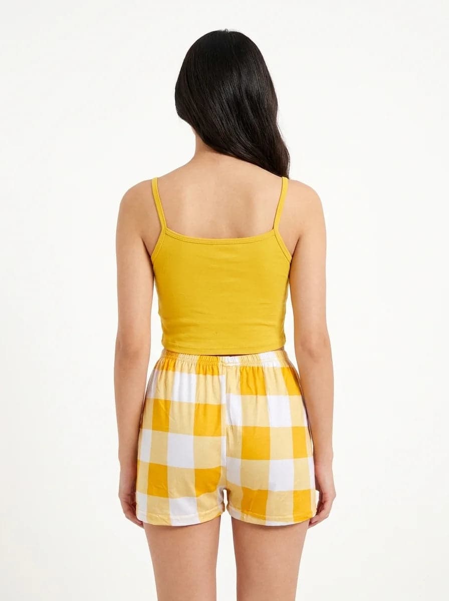 Yellow Check Button Front Cotton Cami Set for Women - view 3