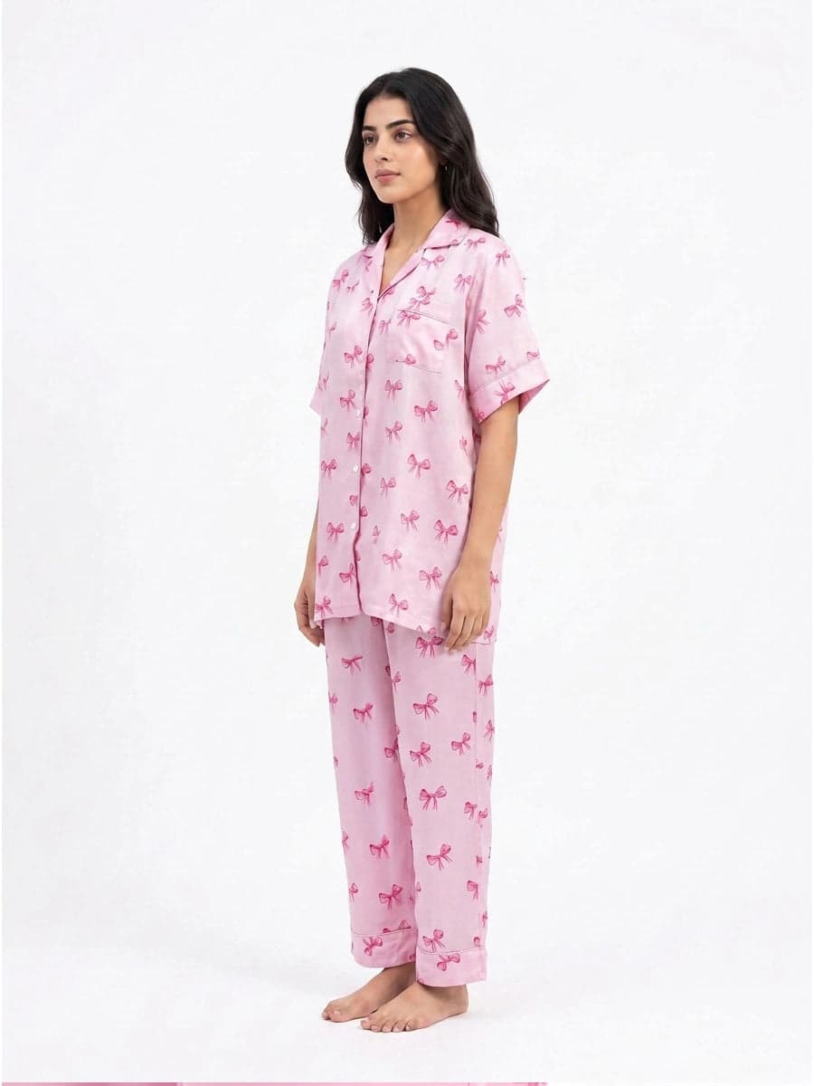 Baby Pink Bow Print Linen PJ Set for Women - view 2
