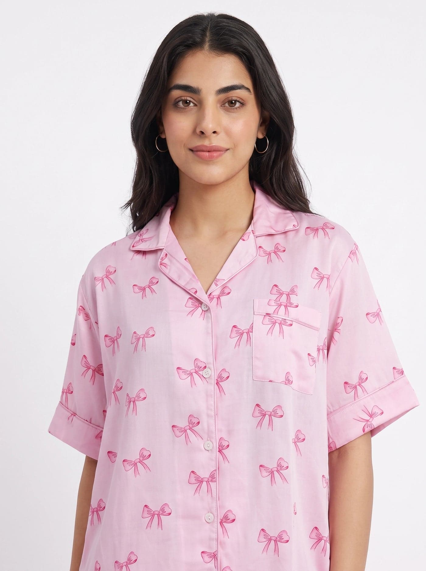 Baby Pink Bow Print Linen PJ Set for Women - view 3