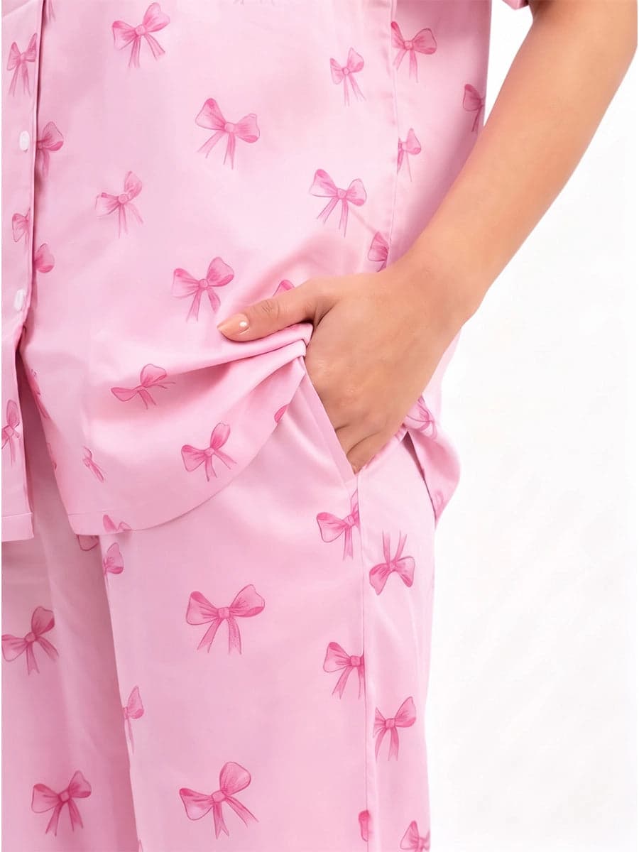 Baby Pink Bow Print Linen PJ Set for Women - view 4
