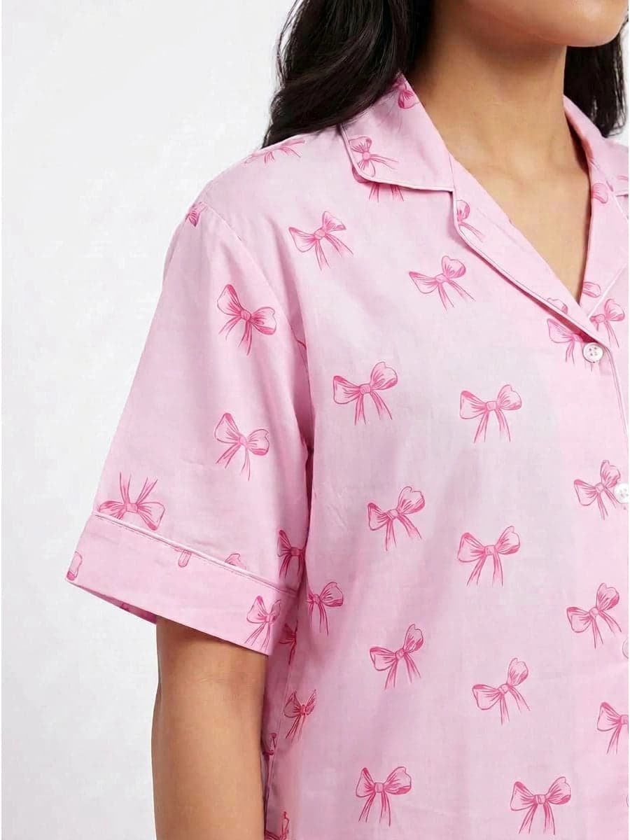 Baby Pink Bow Print Linen PJ Set for Women - view 5