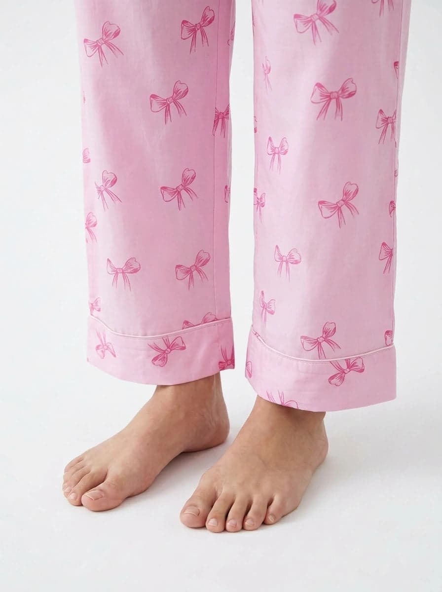 Baby Pink Bow Print Linen PJ Set for Women - view 6