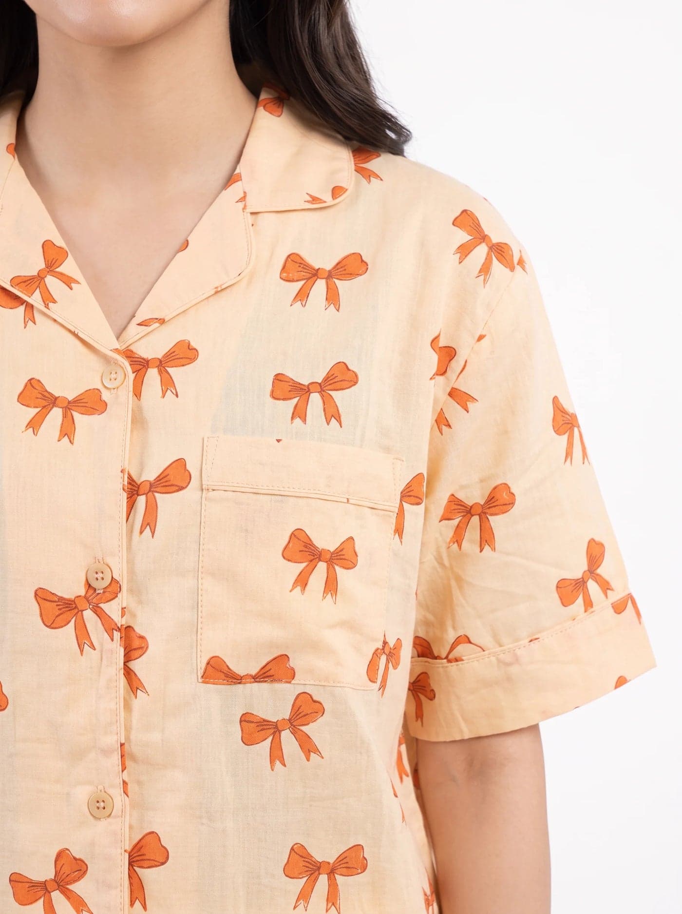 Peach Bow Print Half Sleeve Linen PJ Set for Women - view 2