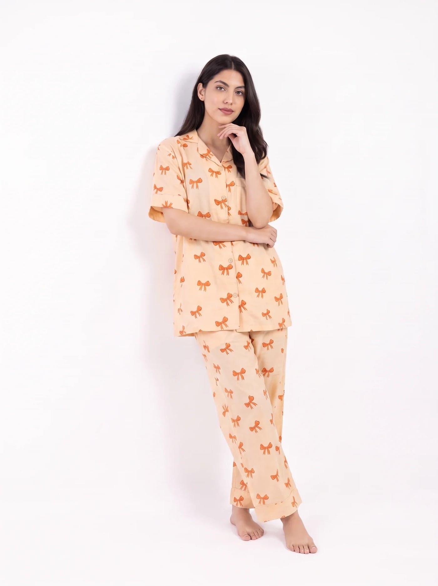 Peach Bow Print Half Sleeve Linen PJ Set for Women - view 3