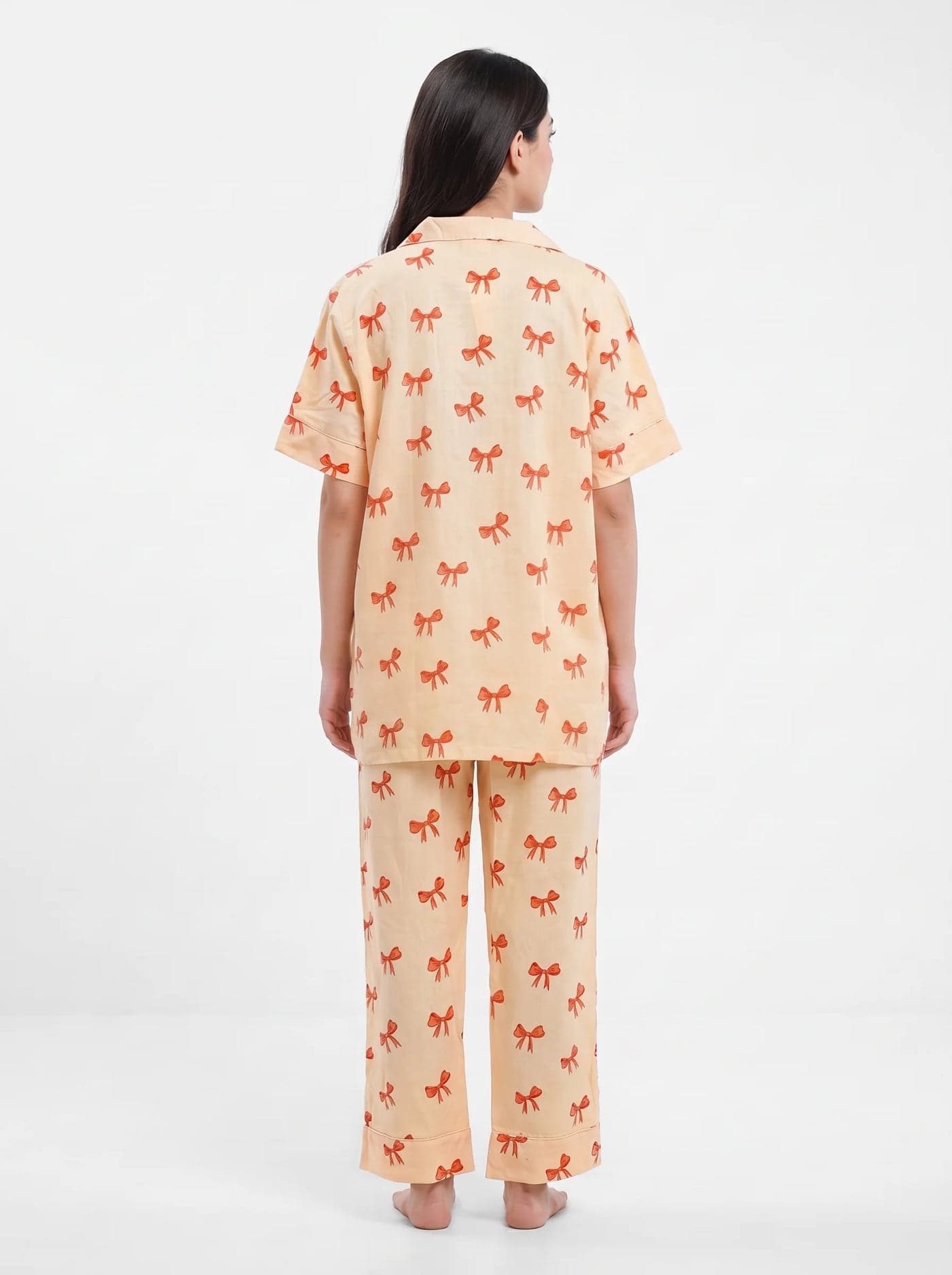 Peach Bow Print Half Sleeve Linen PJ Set for Women - view 4