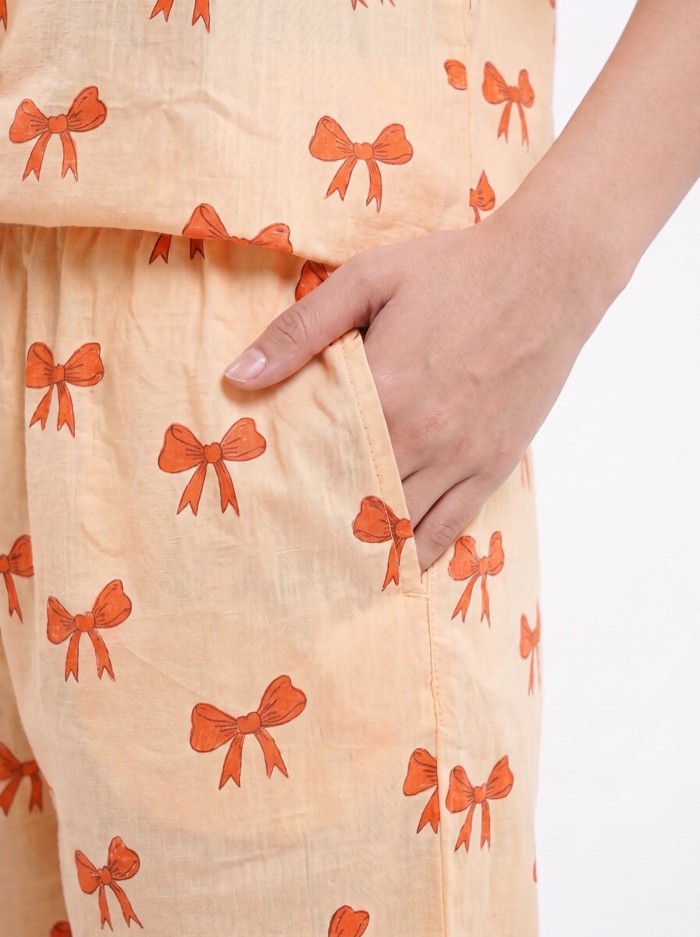 Peach Bow Print Half Sleeve Linen PJ Set for Women - view 5