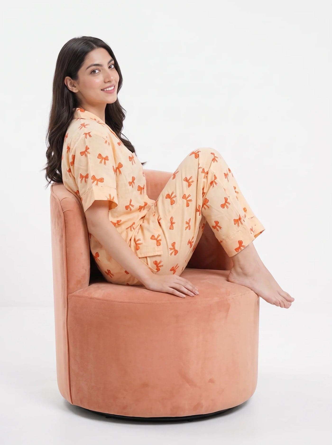 Peach Bow Print Half Sleeve Linen PJ Set for Women - view 6