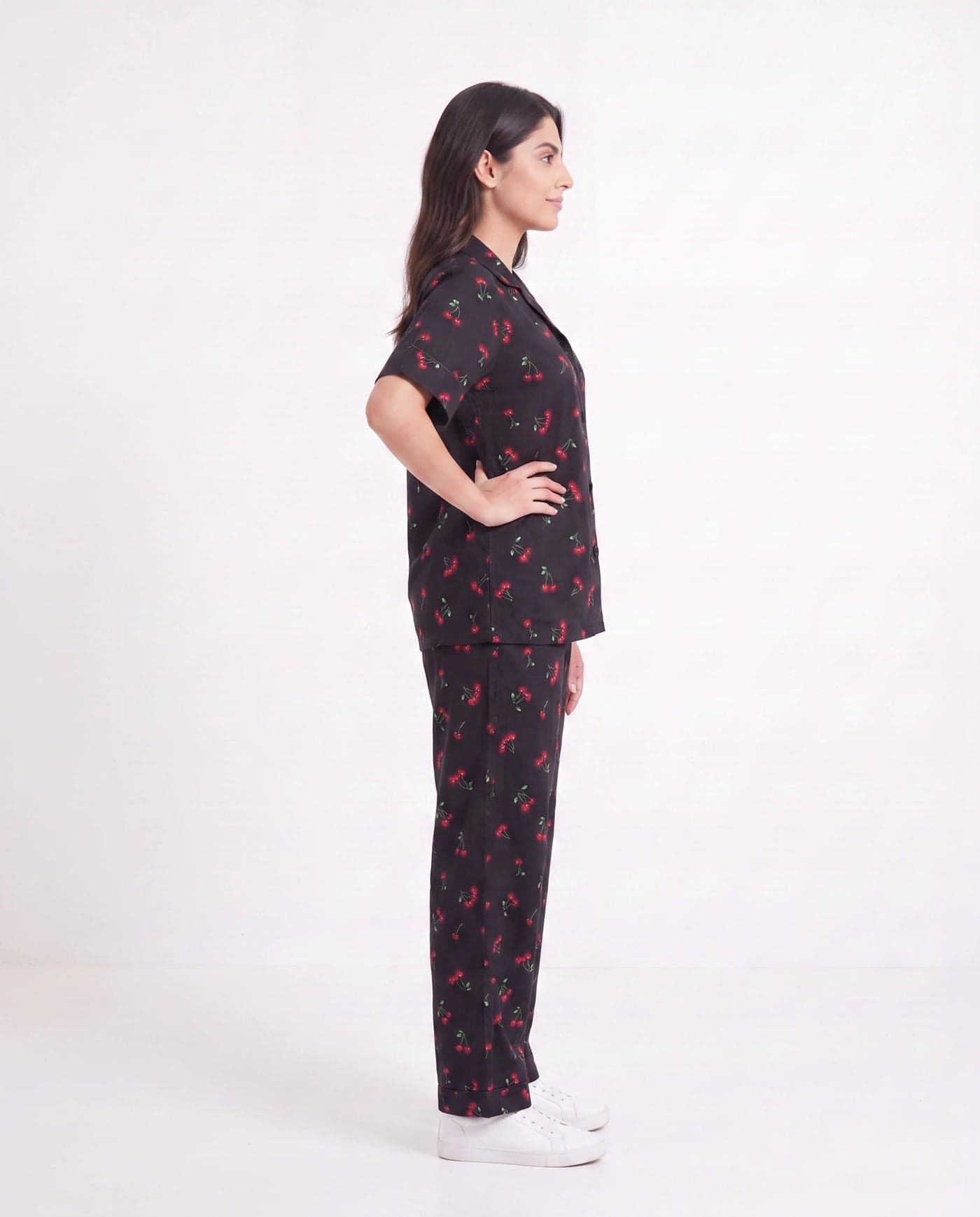 Black Cherry Print Linen PJ Set for Women - view 2