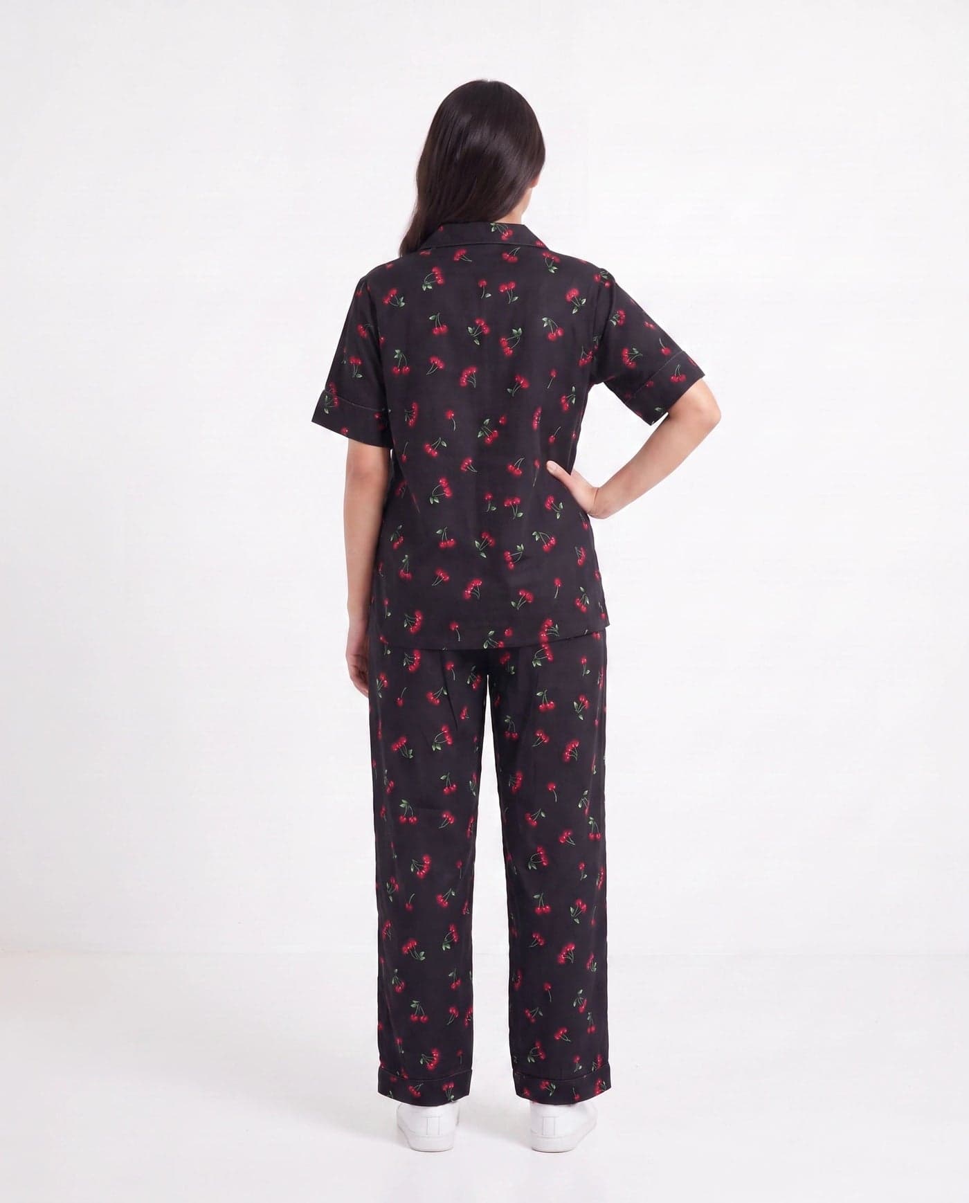 Black Cherry Print Linen PJ Set for Women - view 3