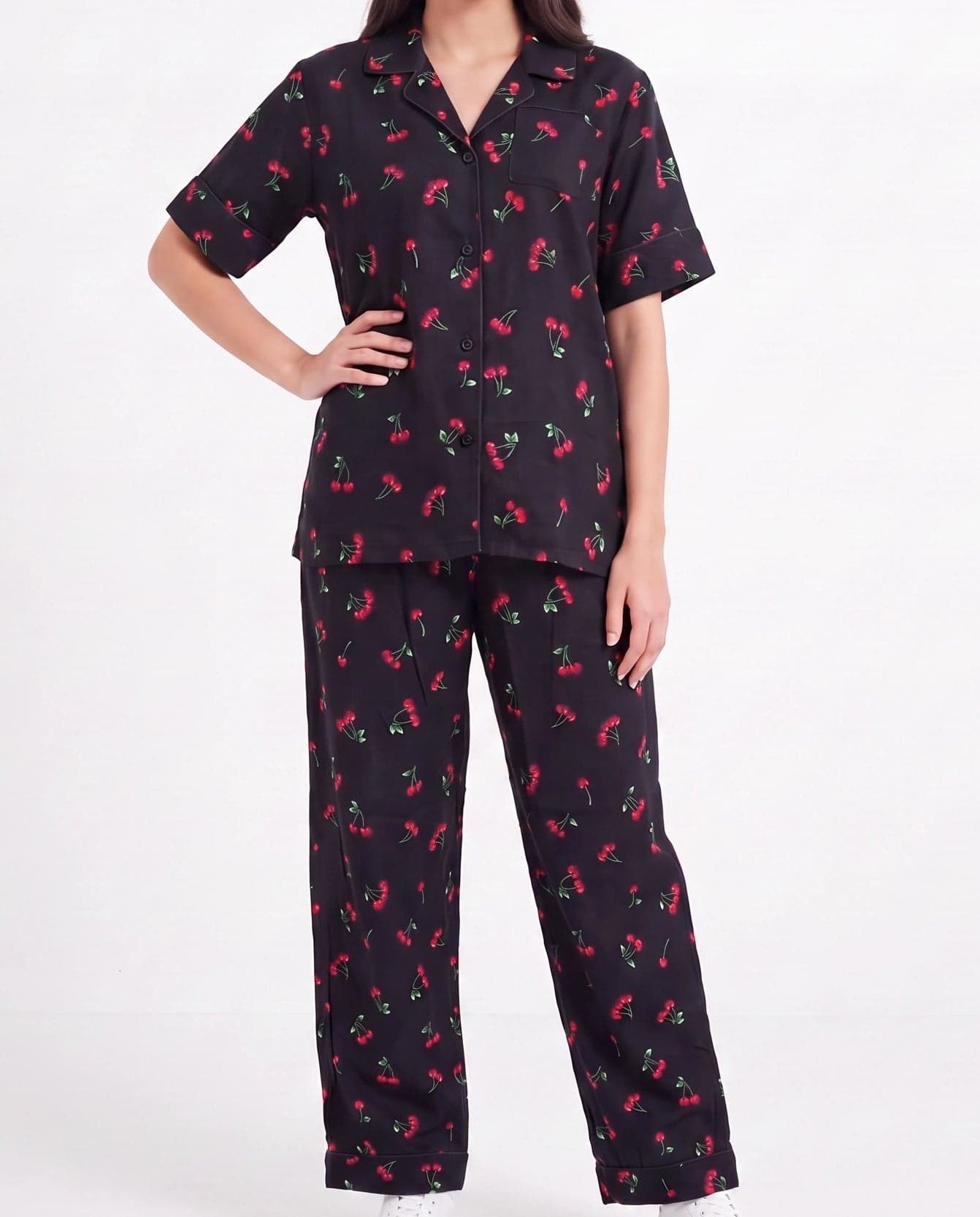 Black Cherry Print Linen PJ Set for Women - view 4