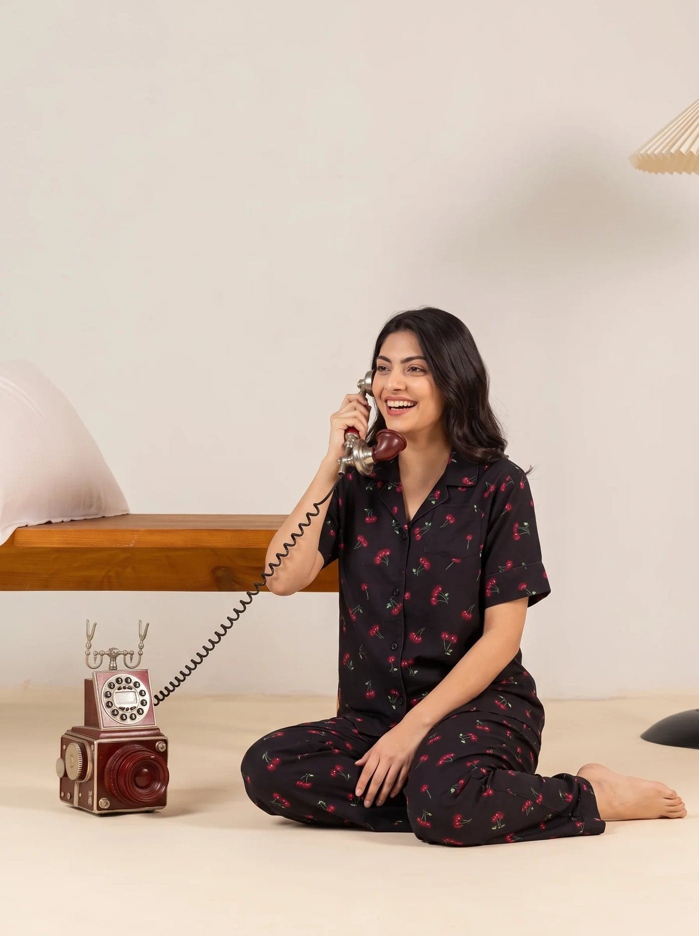 Black Cherry Print Linen PJ Set for Women - view 5