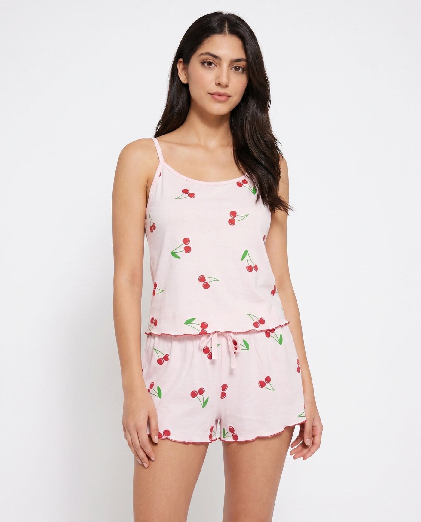Baby Pink Cherry Print Cotton Cami Set for Women