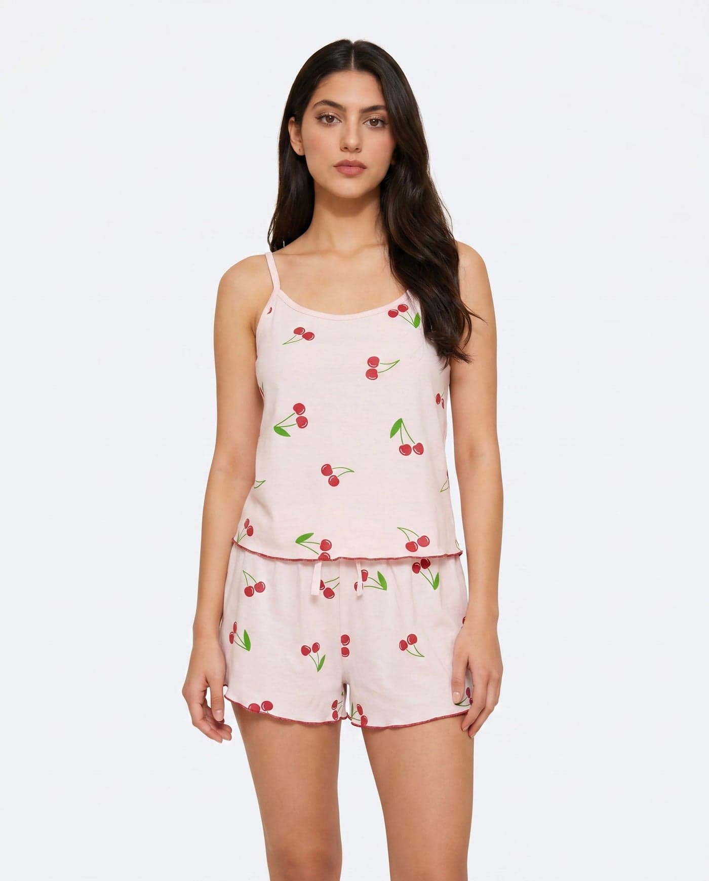 Baby Pink Cherry Print Cotton Cami Set for Women - view 2