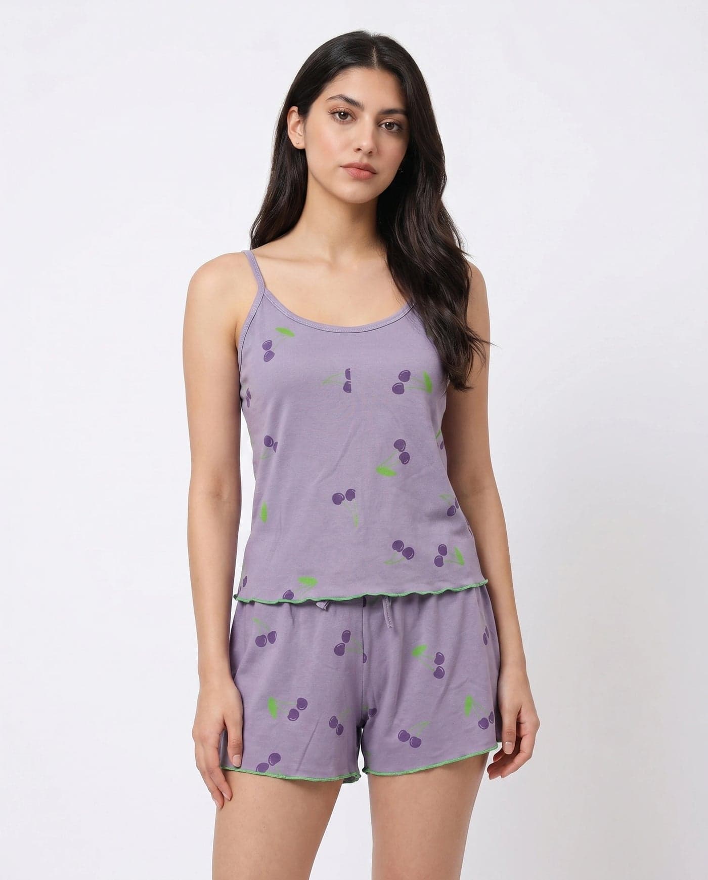 Lilac Cherry Print Cotton Cami Set for Women