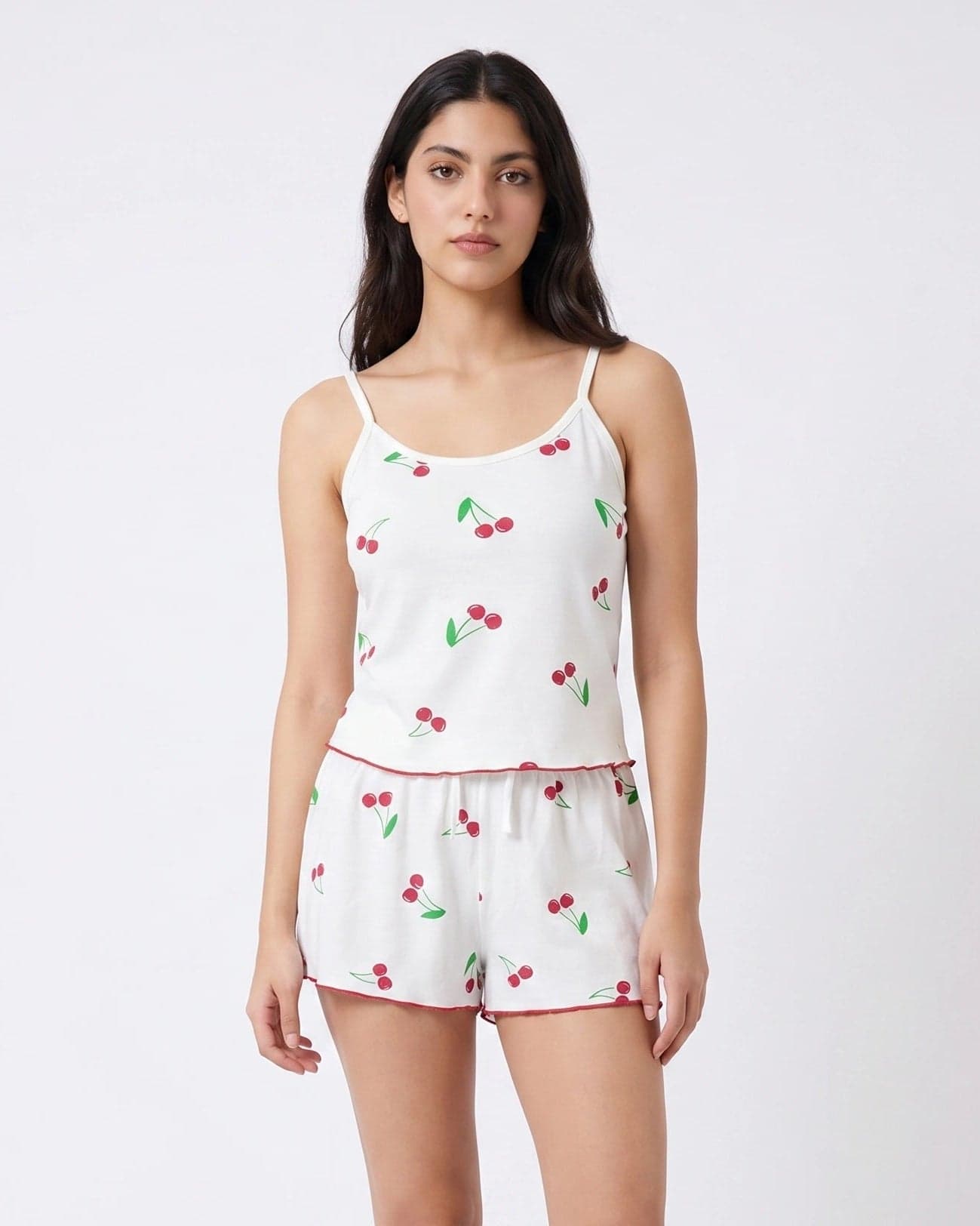 White Cherry Print Cotton Cami Set for Women