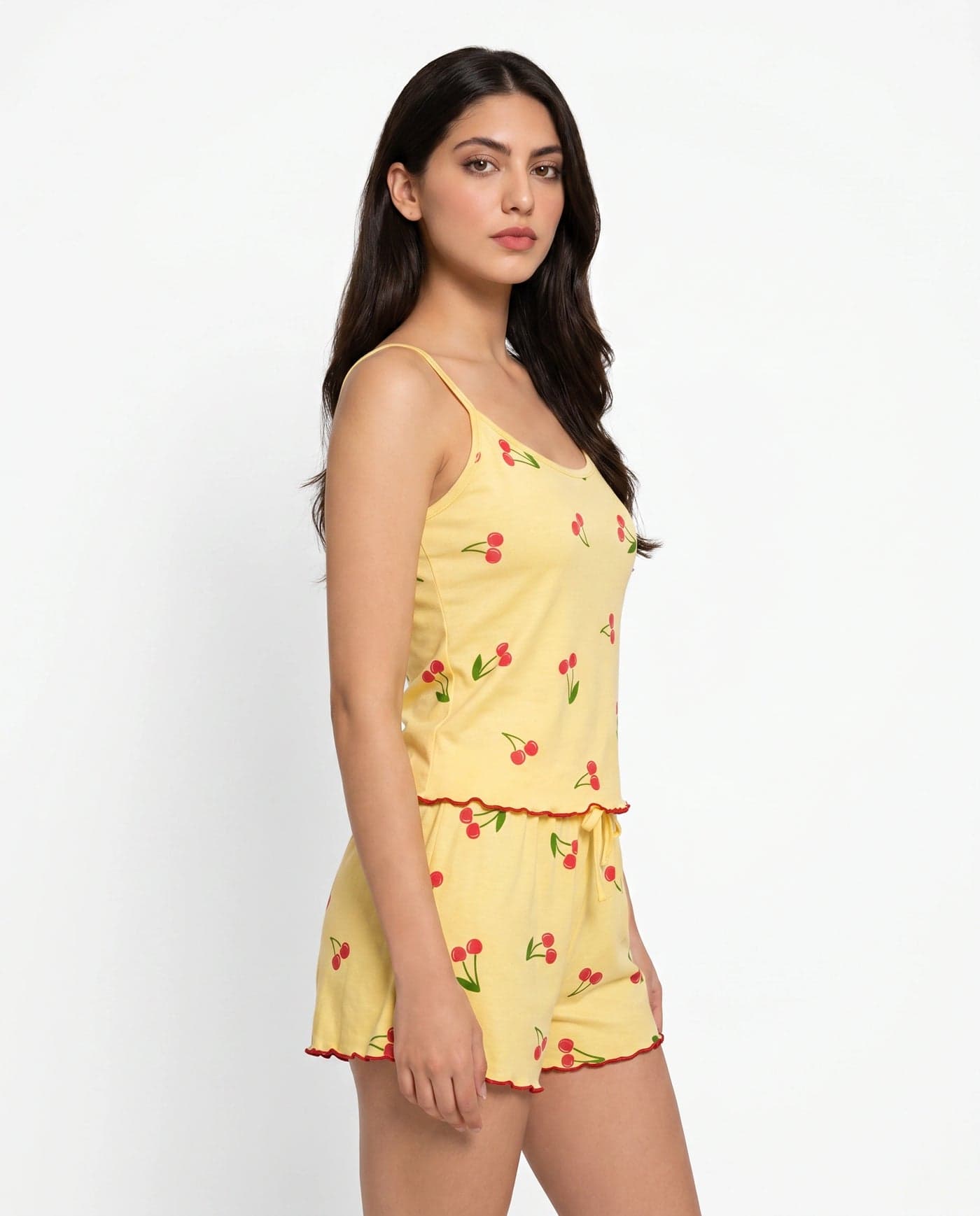 Yellow Cherry Print Cotton Cami Set for Women - view 2