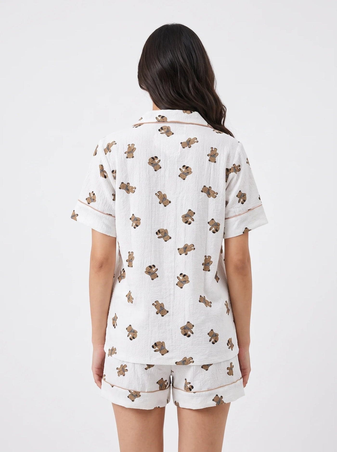 White Teddy Bear Print Crinkled Cotton Shorts PJ Set for Women - view 3