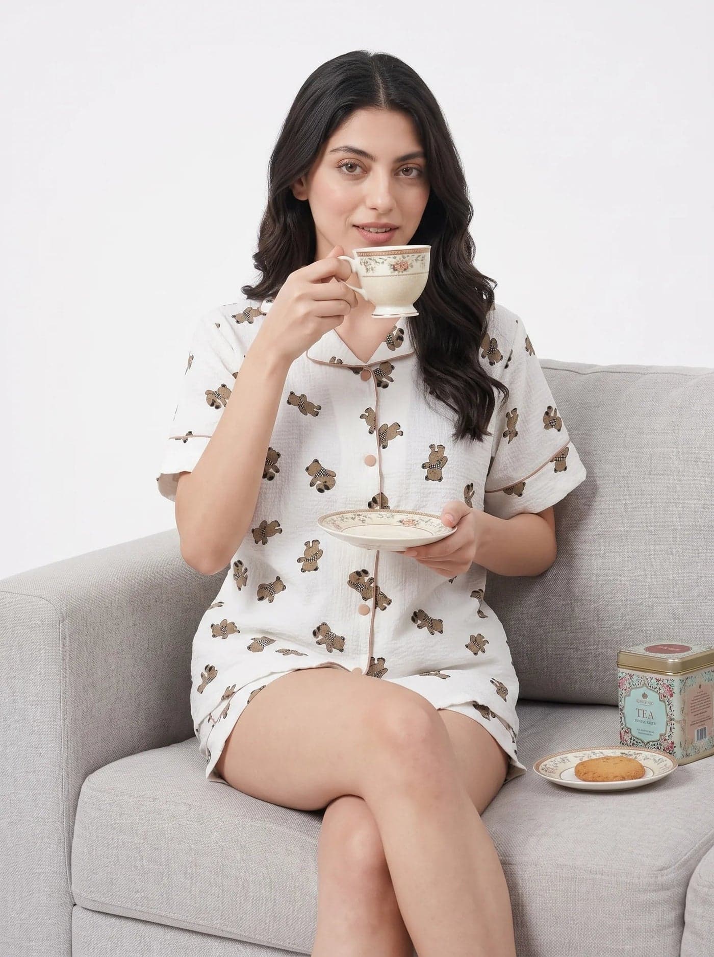 White Teddy Bear Print Crinkled Cotton Shorts PJ Set for Women - view 5