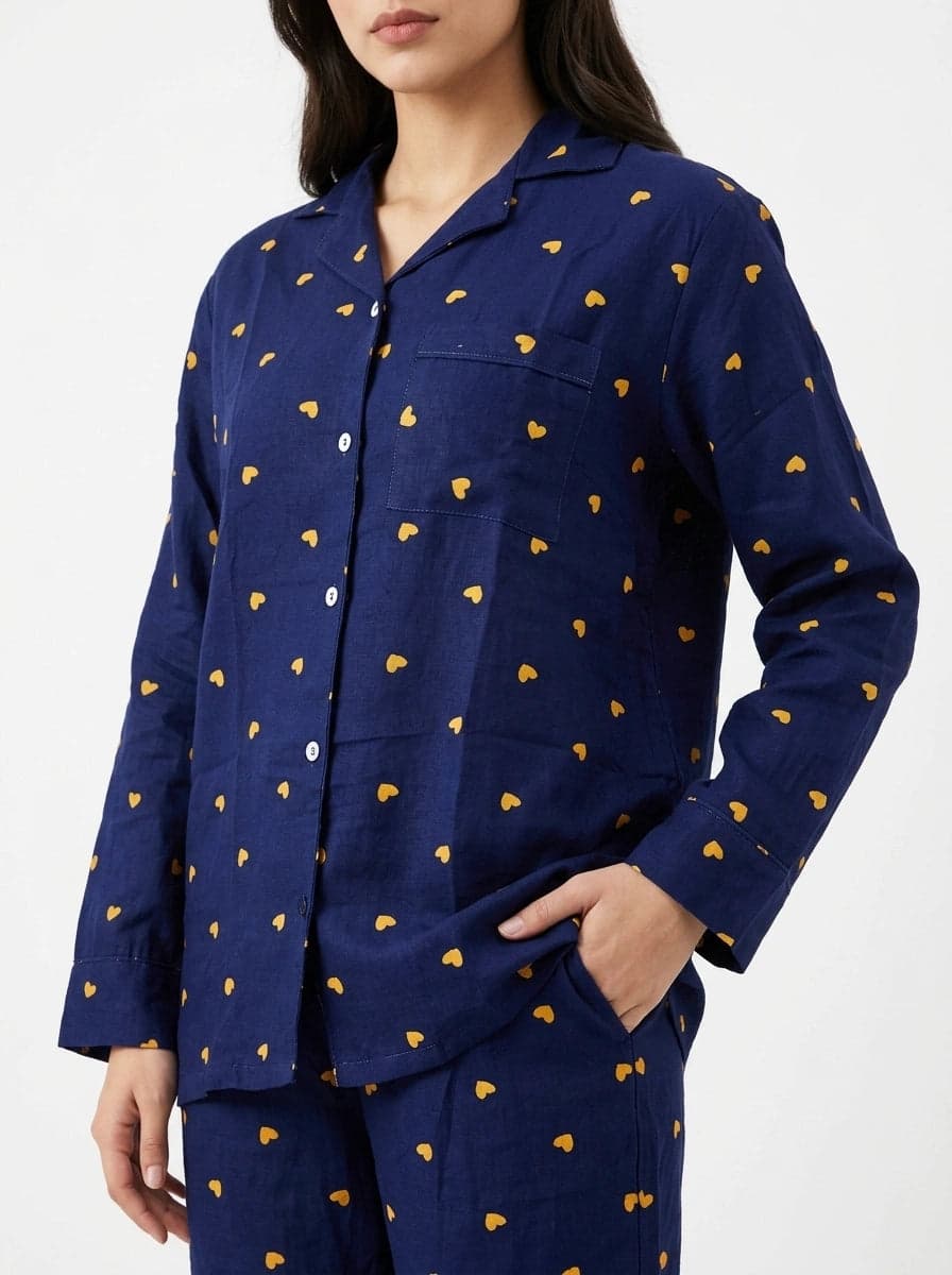 Navy Blue and Yellow Heart Print Full Sleeve Linen PJ Set for Women - view 2