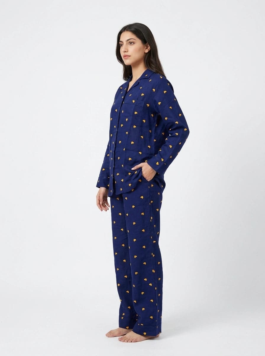 Navy Blue and Yellow Heart Print Full Sleeve Linen PJ Set for Women - view 3