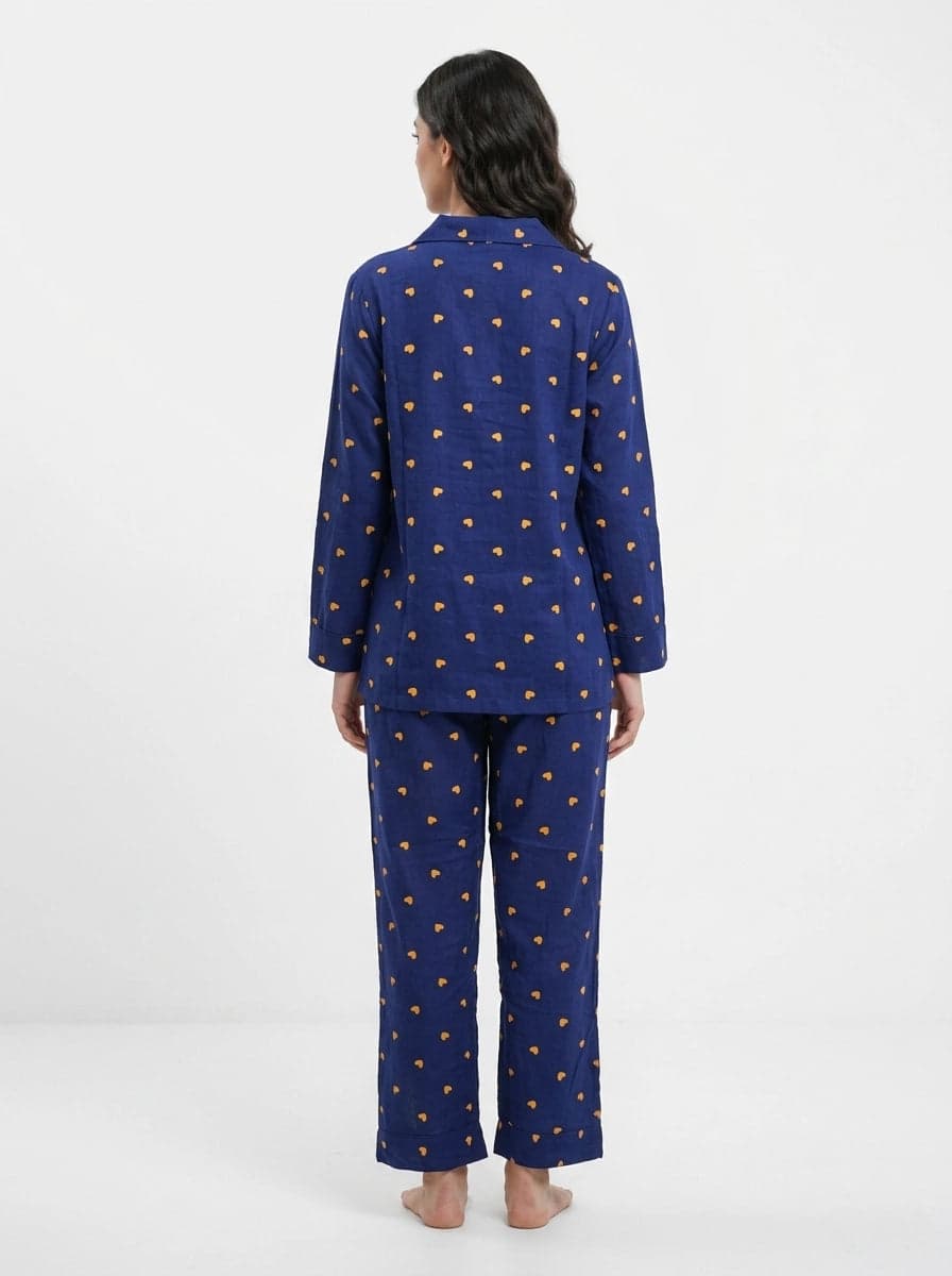 Navy Blue and Yellow Heart Print Full Sleeve Linen PJ Set for Women - view 4