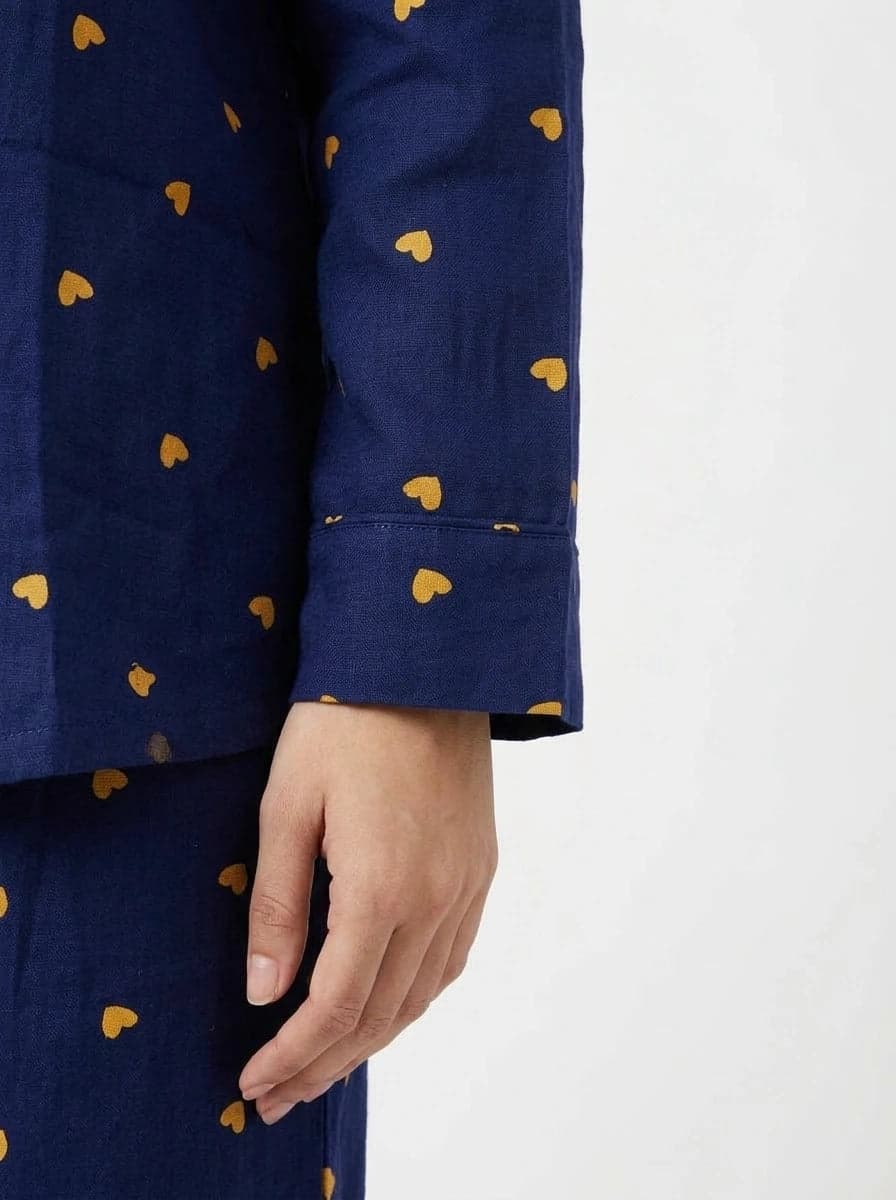 Navy Blue and Yellow Heart Print Full Sleeve Linen PJ Set for Women - view 5