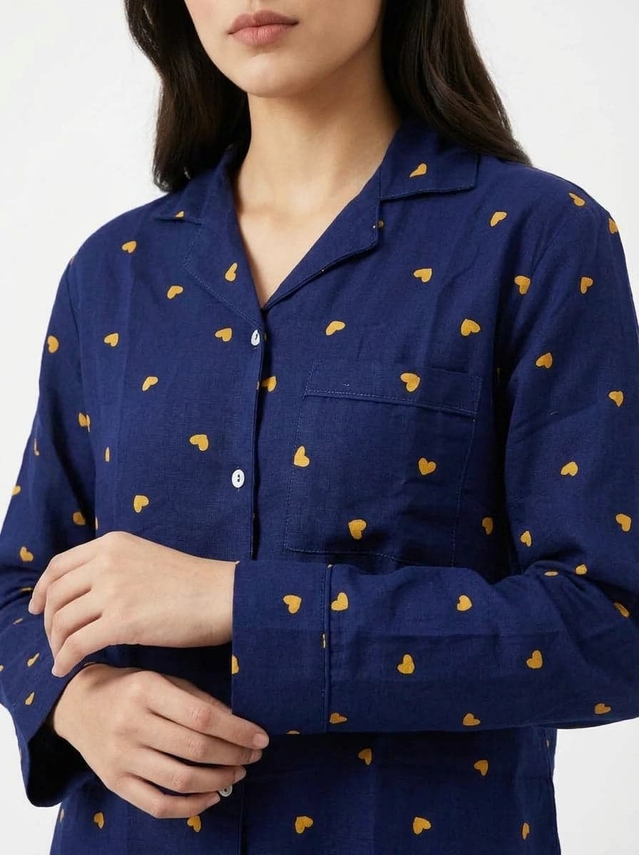 Navy Blue and Yellow Heart Print Full Sleeve Linen PJ Set for Women - view 6
