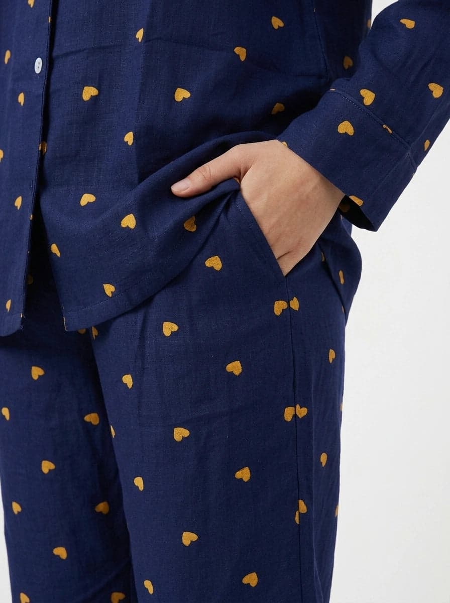 Navy Blue and Yellow Heart Print Full Sleeve Linen PJ Set for Women - view 7