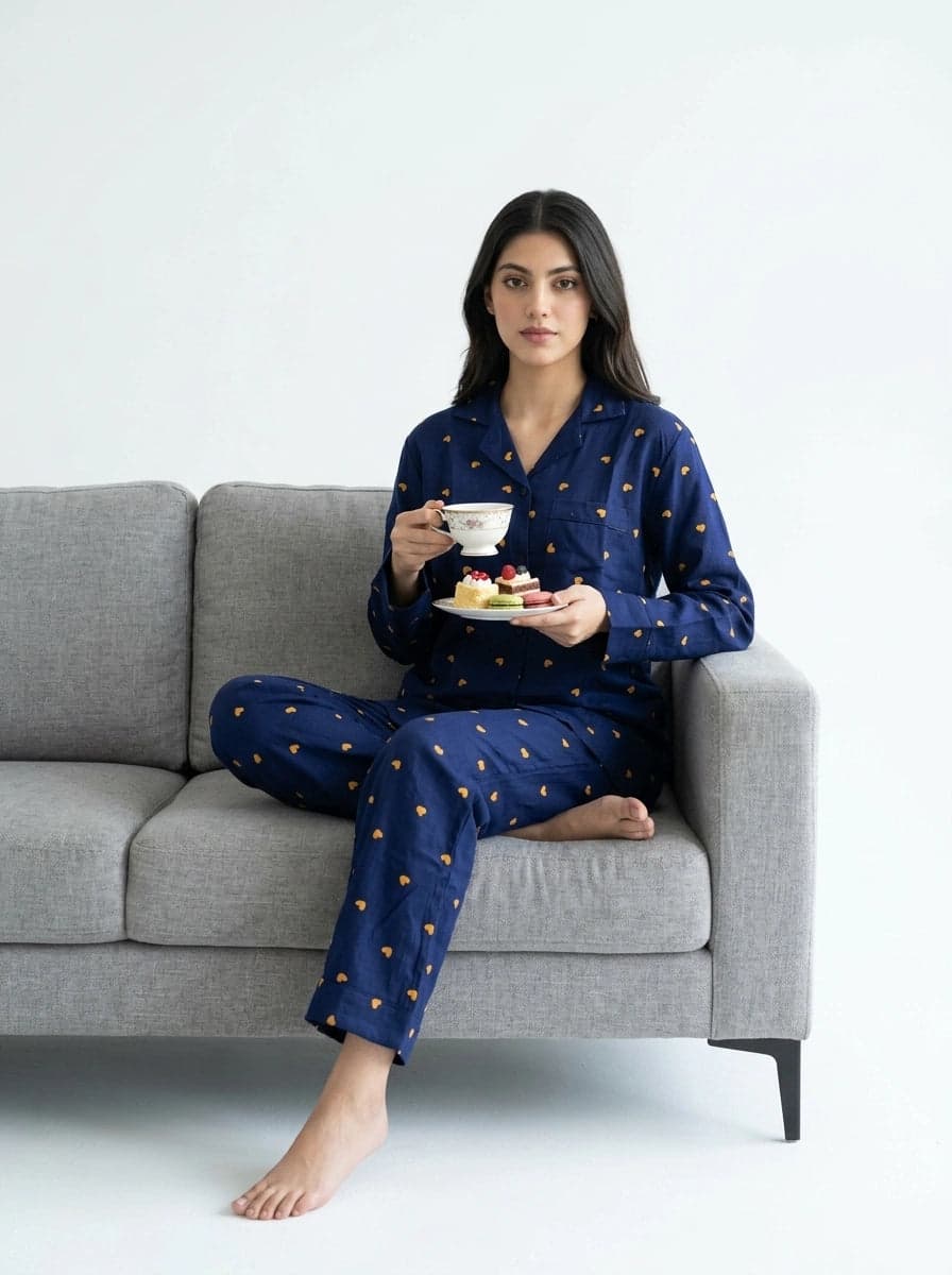 Navy Blue and Yellow Heart Print Full Sleeve Linen PJ Set for Women - view 8