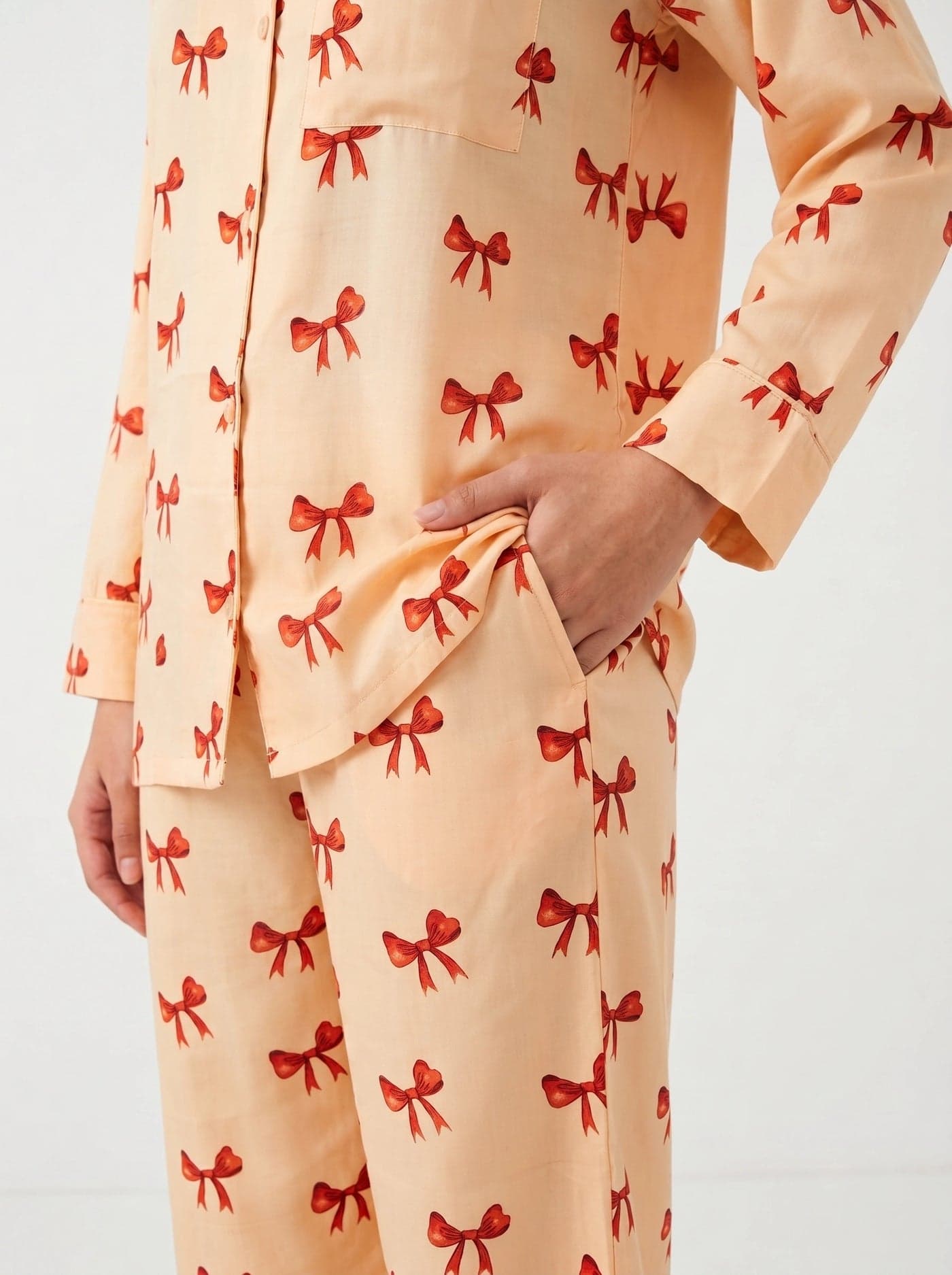 Peach Bow Print Full Sleeve Linen PJ Set for Women - view 2