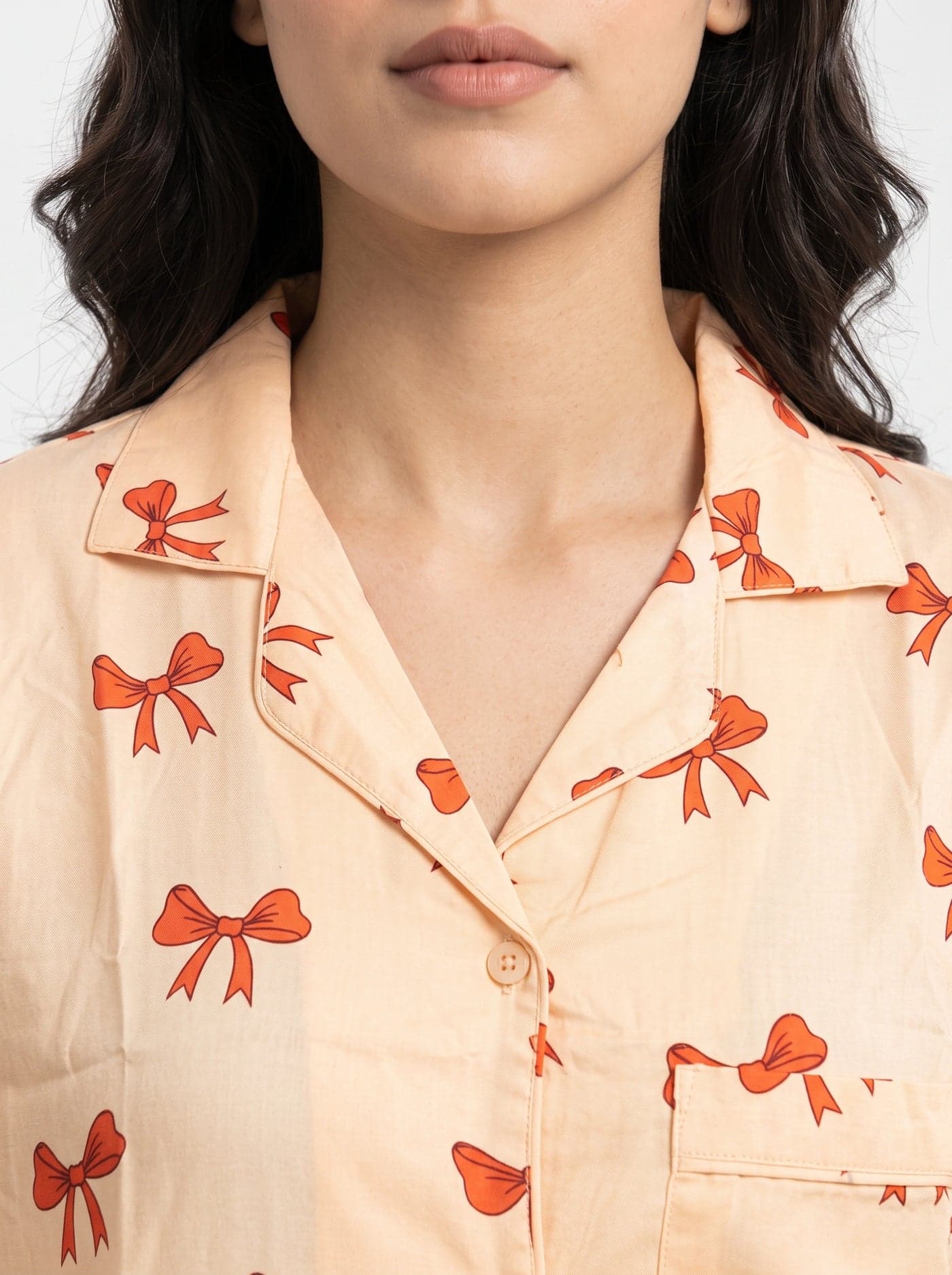 Peach Bow Print Full Sleeve Linen PJ Set for Women - view 3