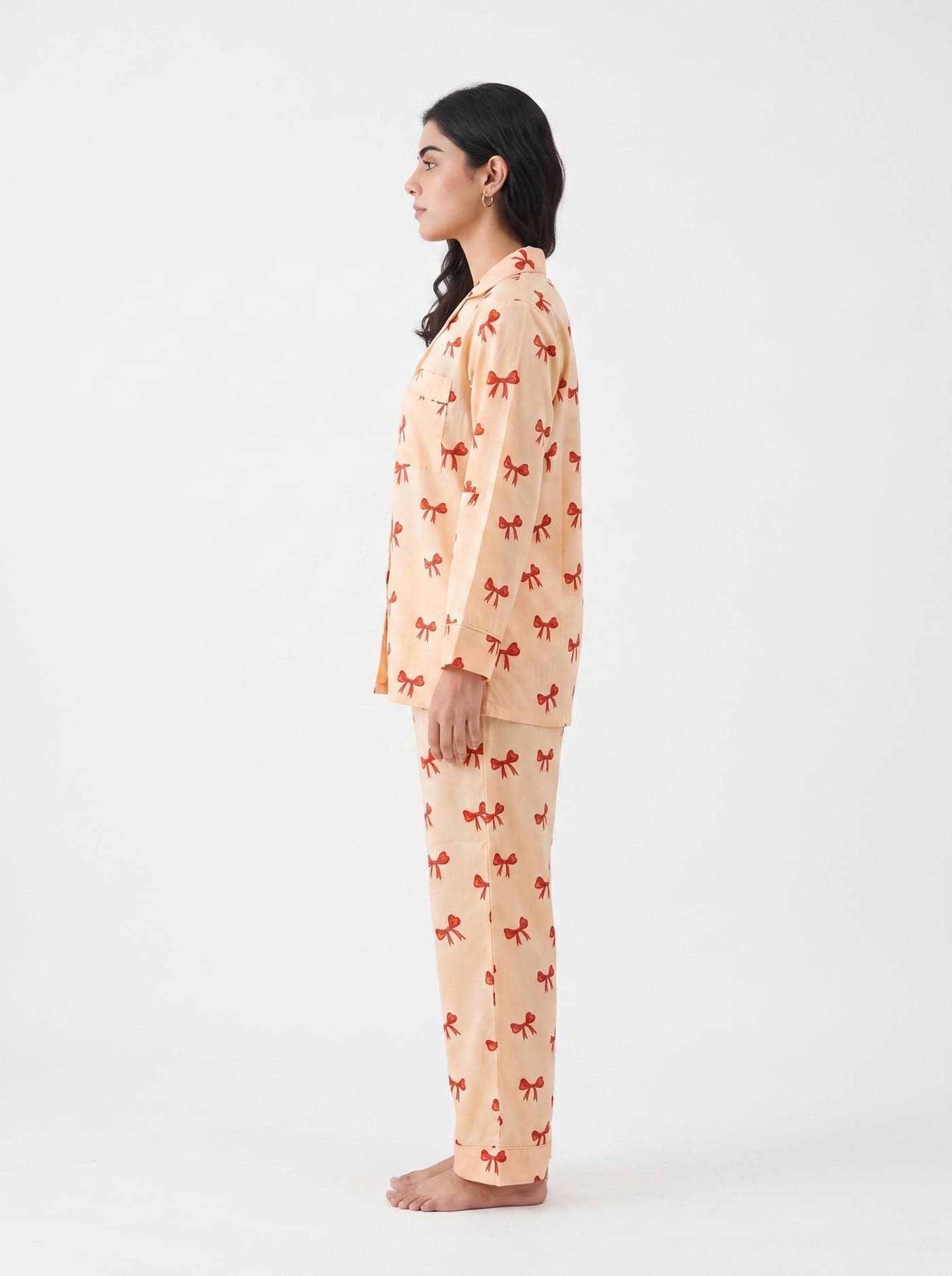 Peach Bow Print Full Sleeve Linen PJ Set for Women - view 4