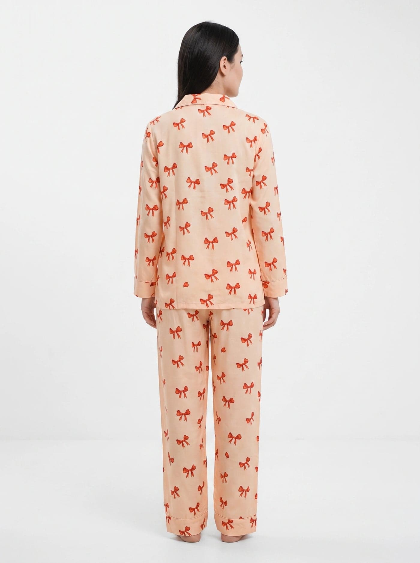 Peach Bow Print Full Sleeve Linen PJ Set for Women - view 5