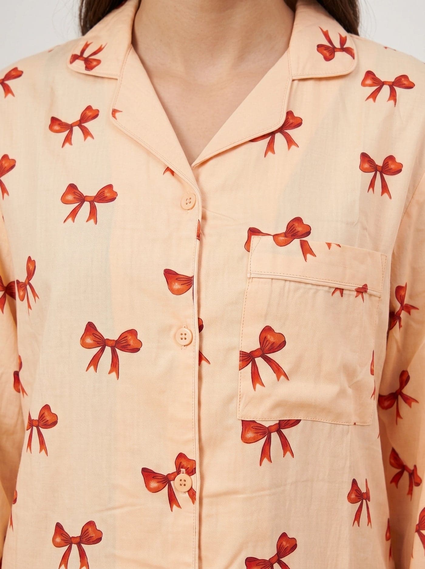 Peach Bow Print Full Sleeve Linen PJ Set for Women - view 6