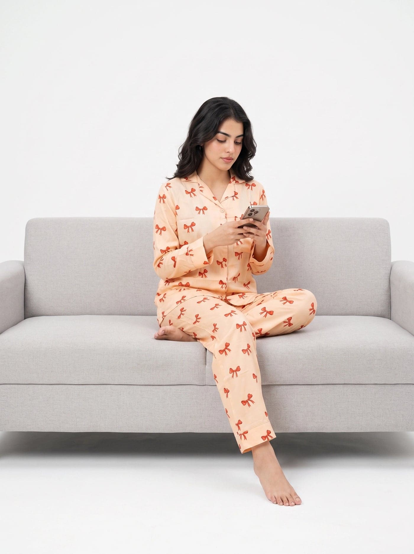Peach Bow Print Full Sleeve Linen PJ Set for Women - view 8