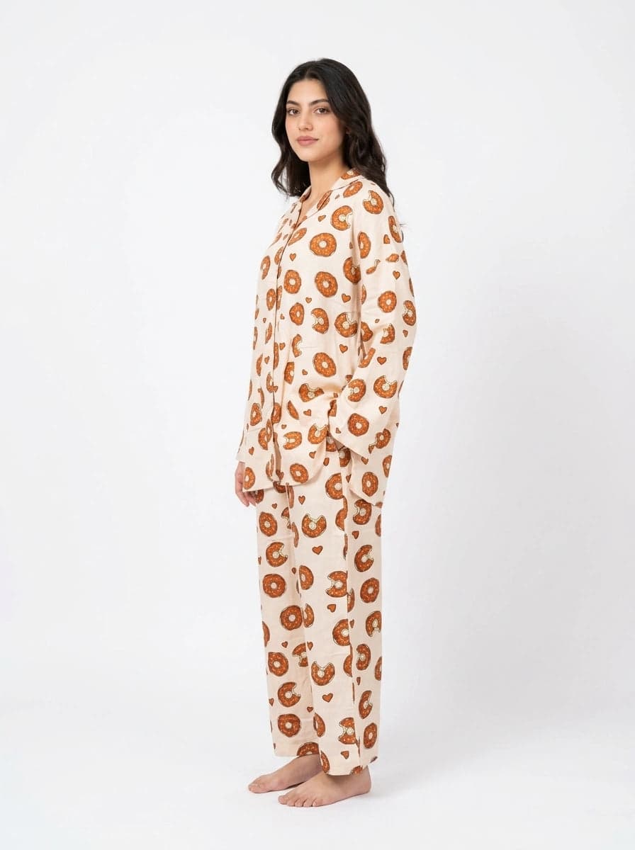Cream Donut Print Full Sleeve Linen PJ Set for Women - view 2