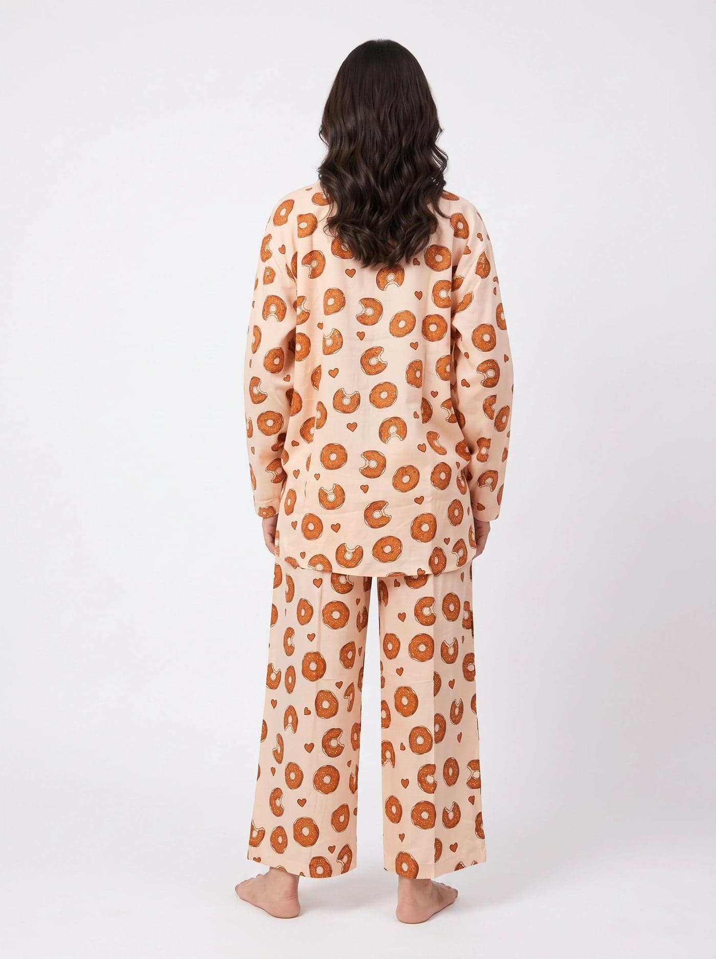 Cream Donut Print Full Sleeve Linen PJ Set for Women - view 3
