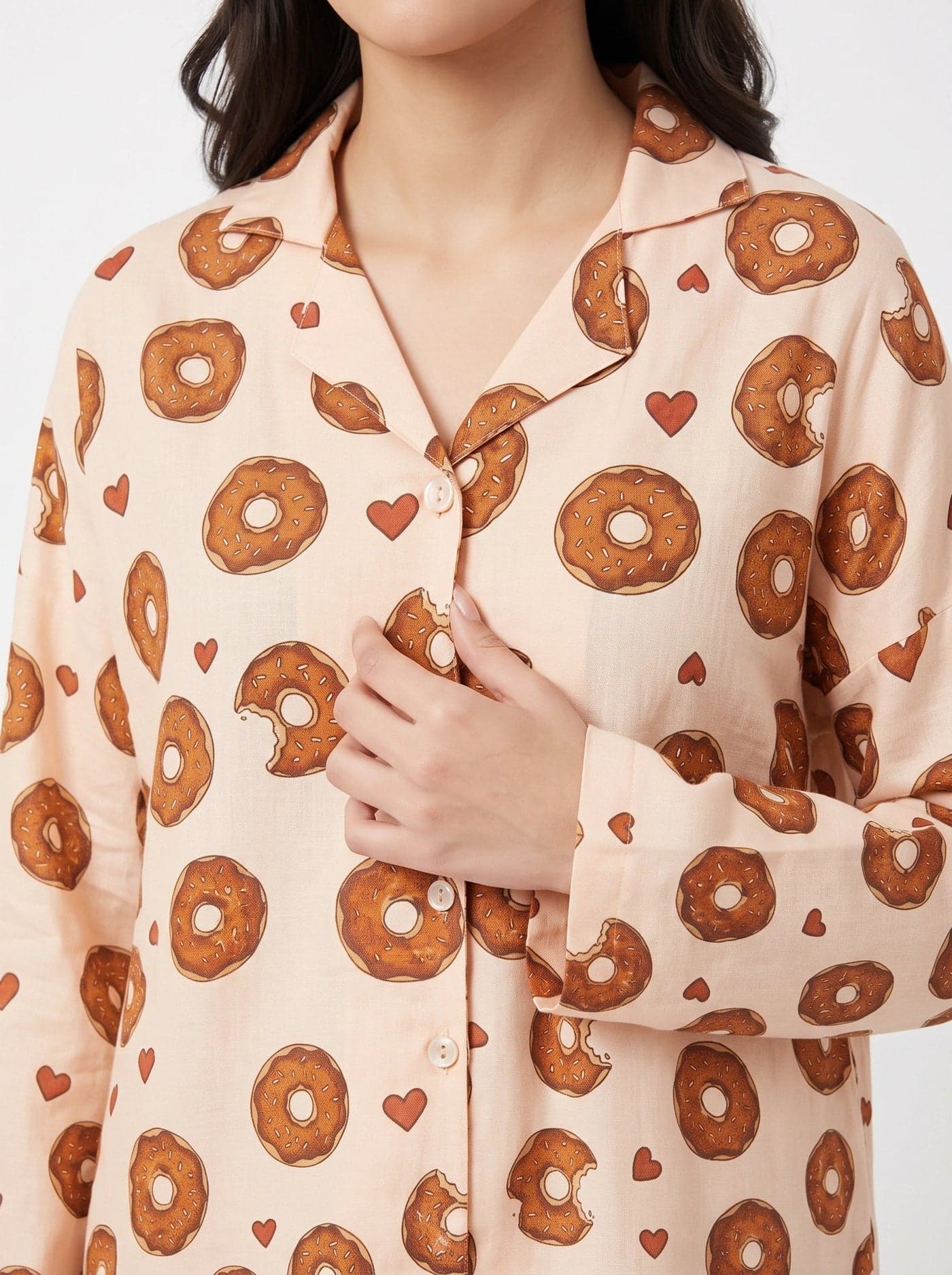 Cream Donut Print Full Sleeve Linen PJ Set for Women - view 4
