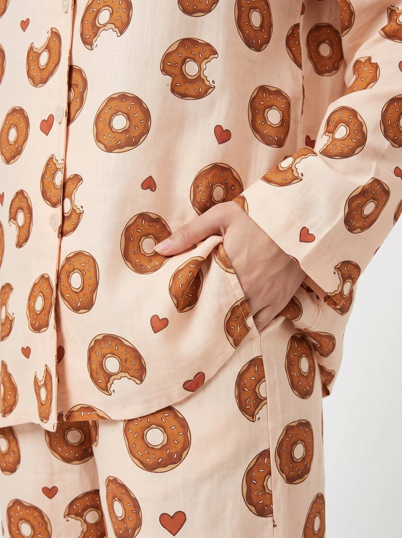 Cream Donut Print Full Sleeve Linen PJ Set for Women - view 5