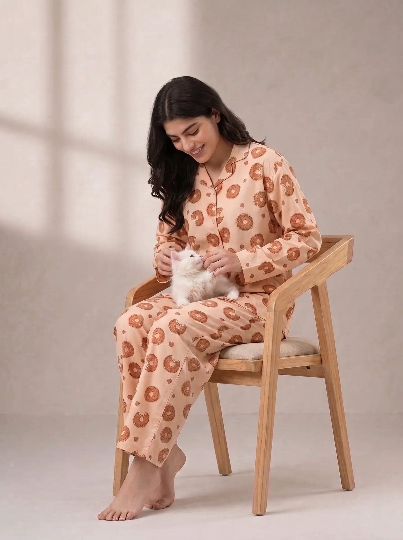 Cream Donut Print Full Sleeve Linen PJ Set for Women - view 6