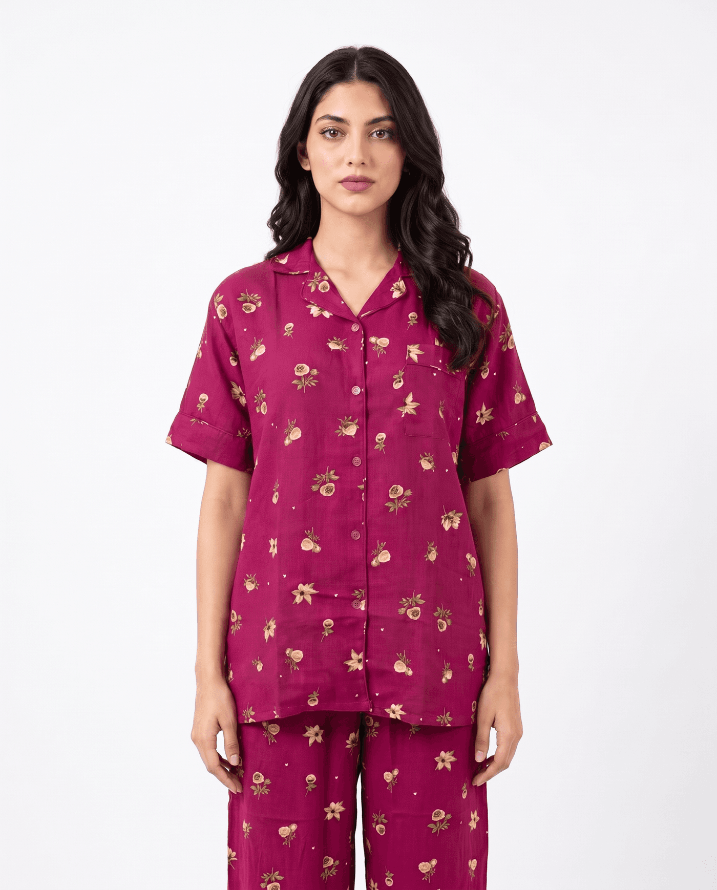 Magenta Floral Linen PJ Set for Women - view 2