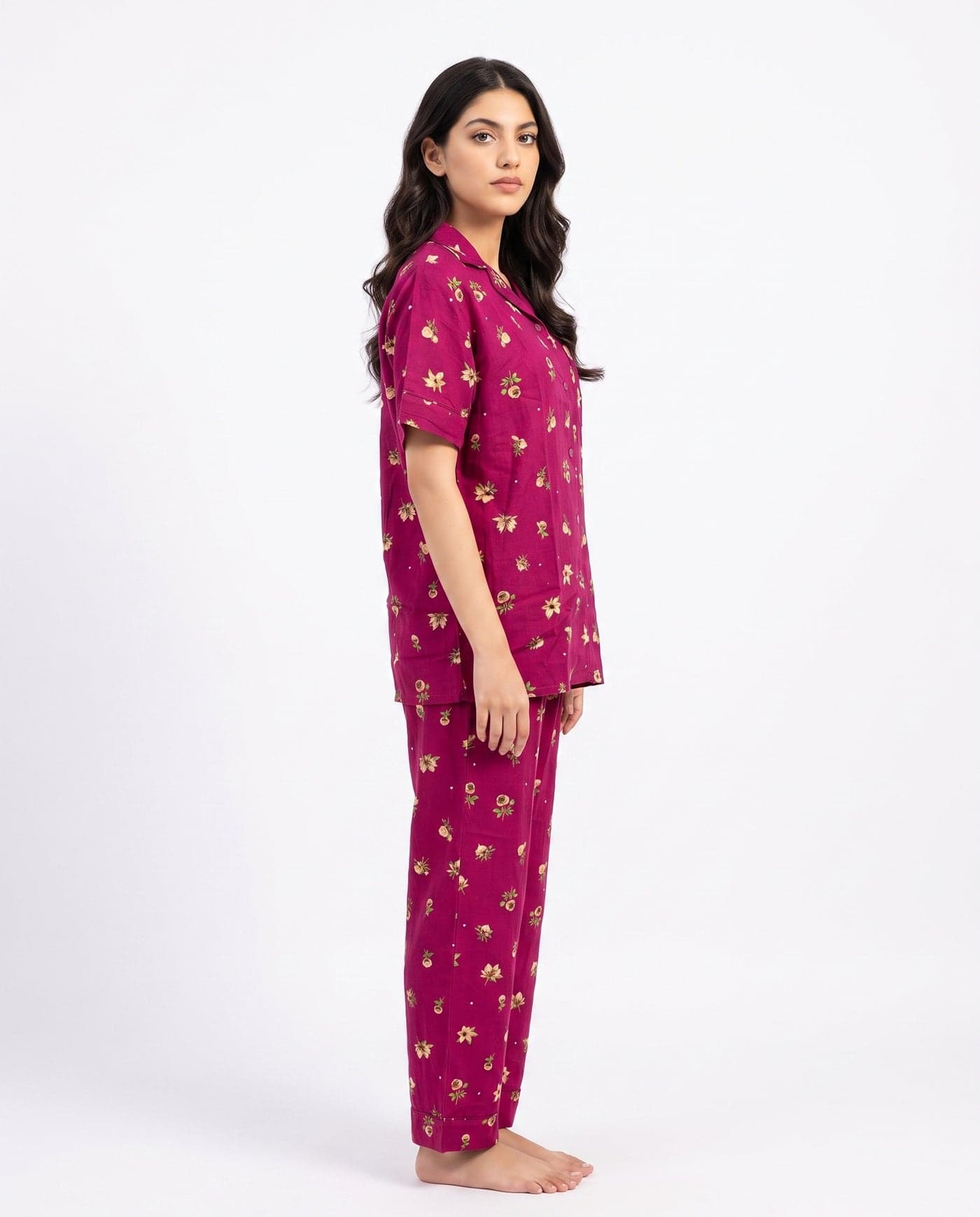 Magenta Floral Linen PJ Set for Women - view 3