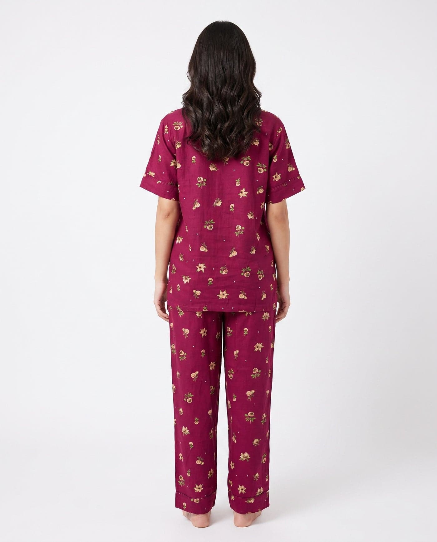 Magenta Floral Linen PJ Set for Women - view 4