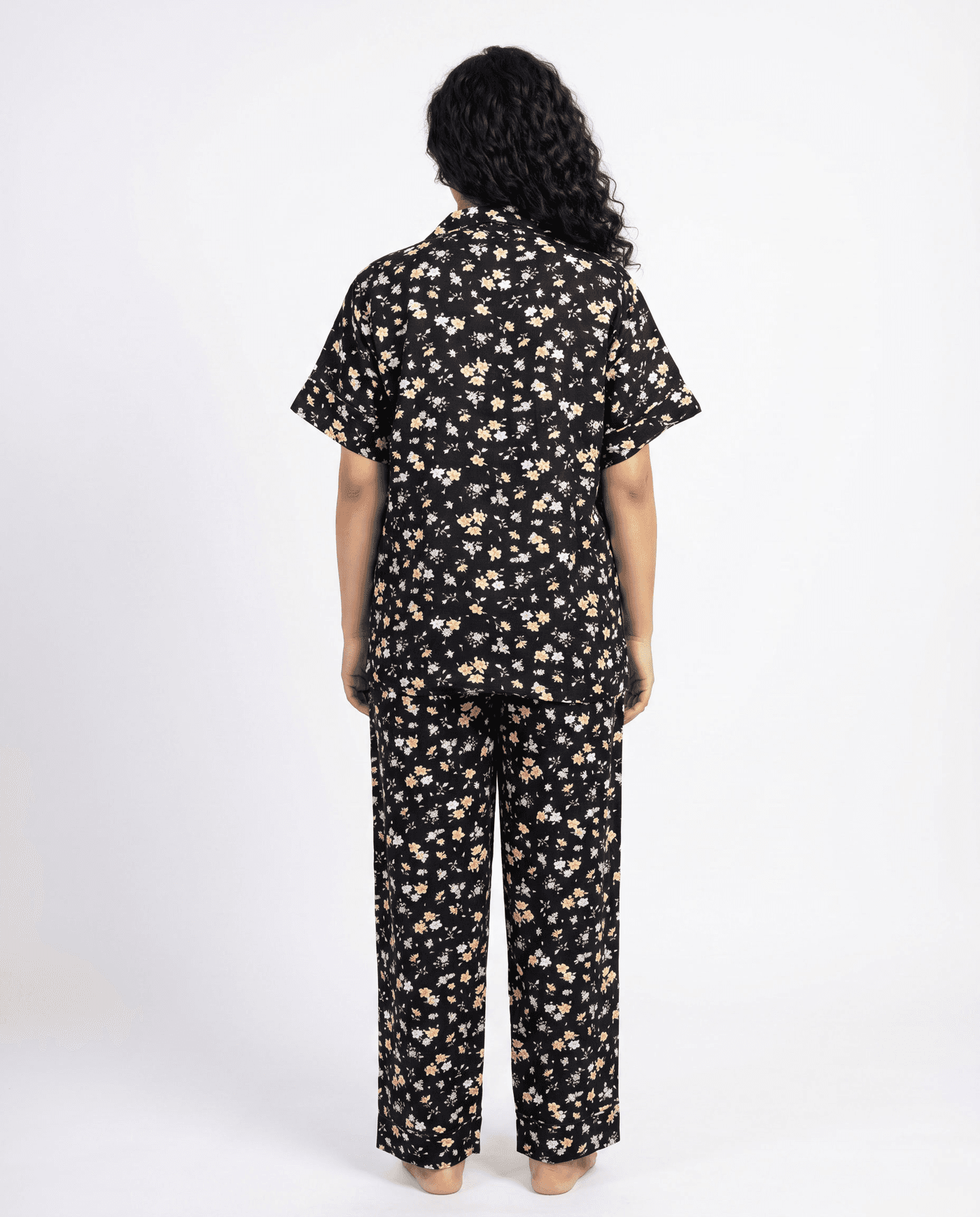 Black and Yellow Floral Half Sleeve Linen PJ Set for Women - view 2