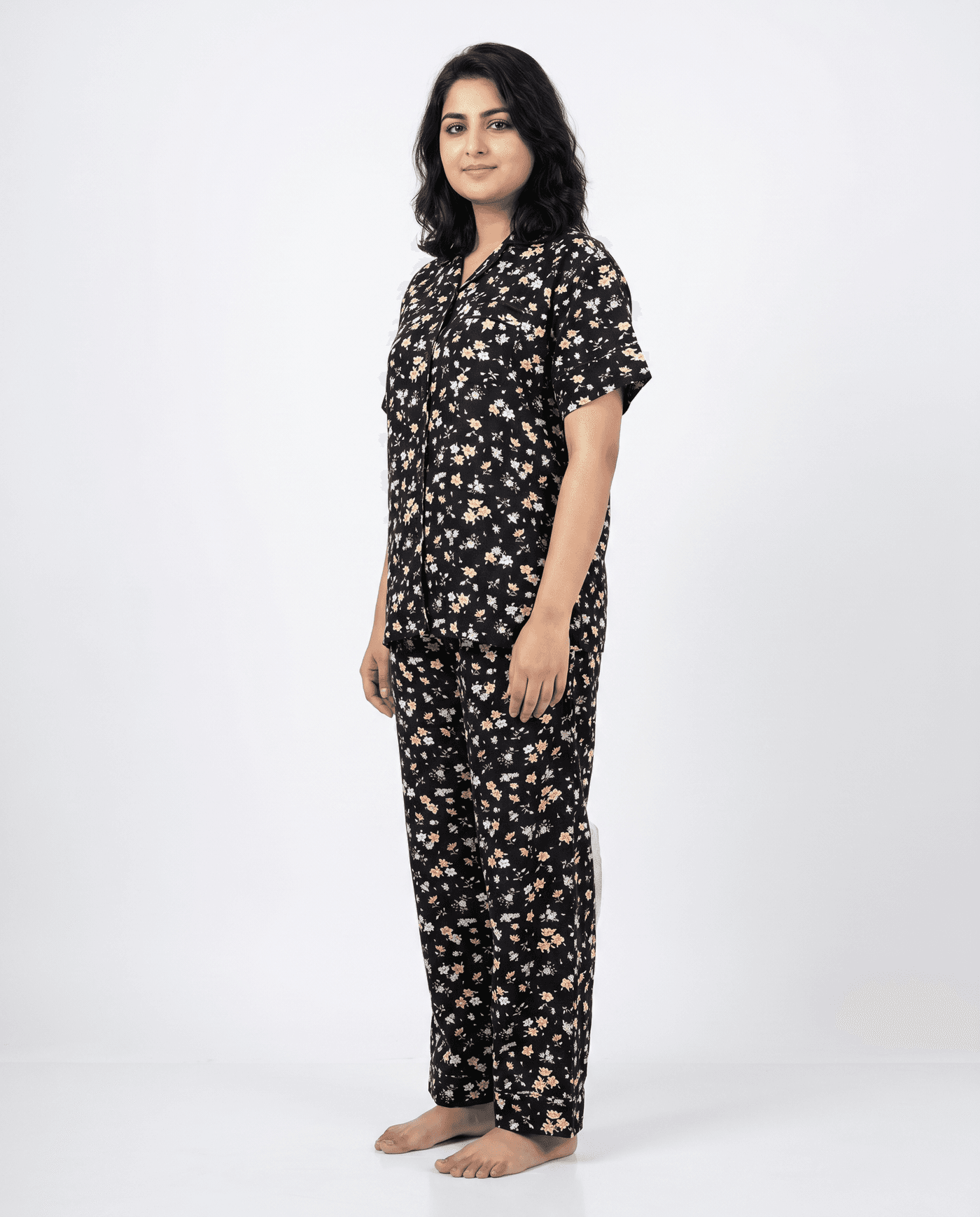 Black and Yellow Floral Half Sleeve Linen PJ Set for Women - view 3