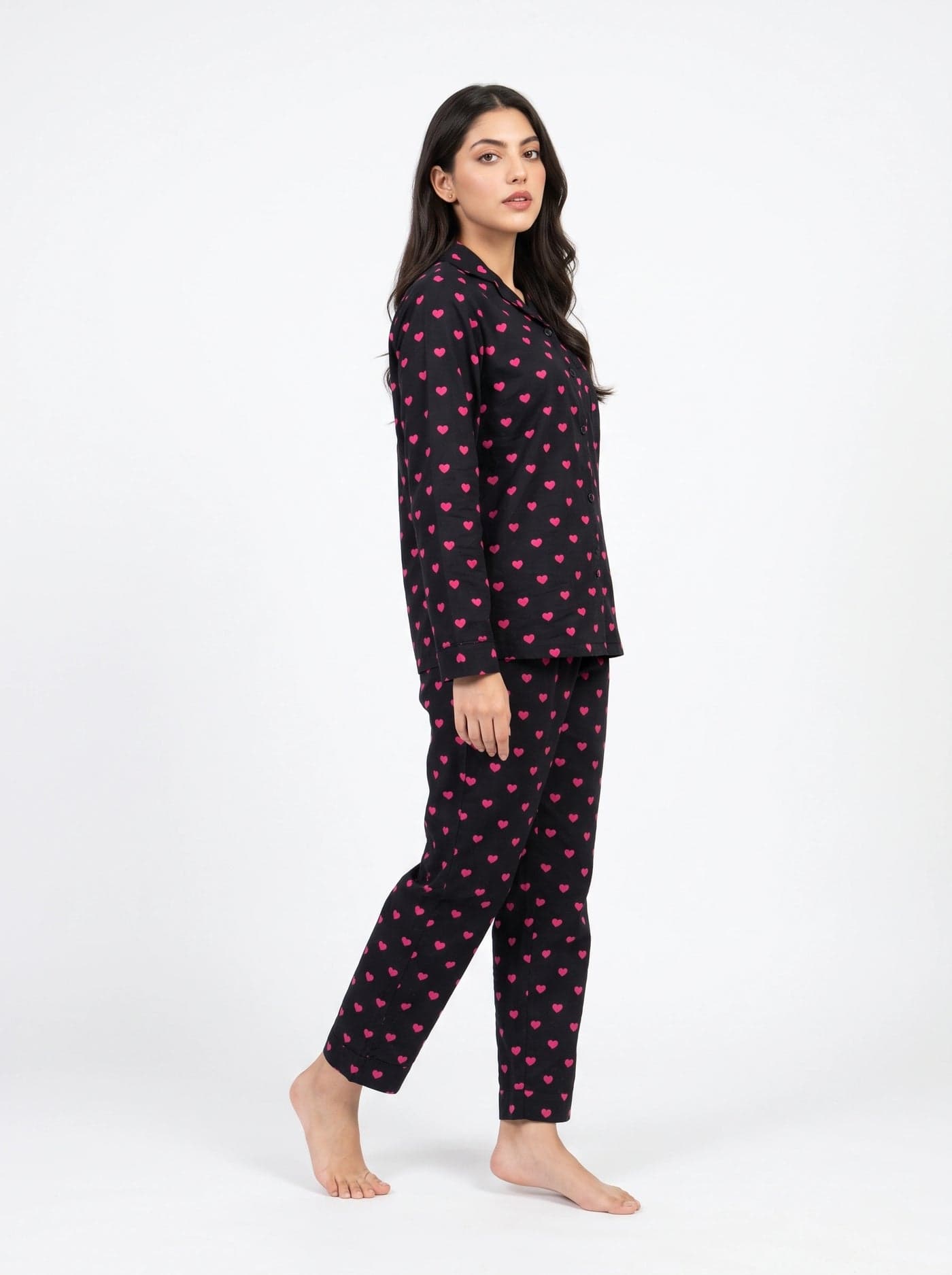 Black and Pink Heart Print Linen PJ Set for Women - view 2
