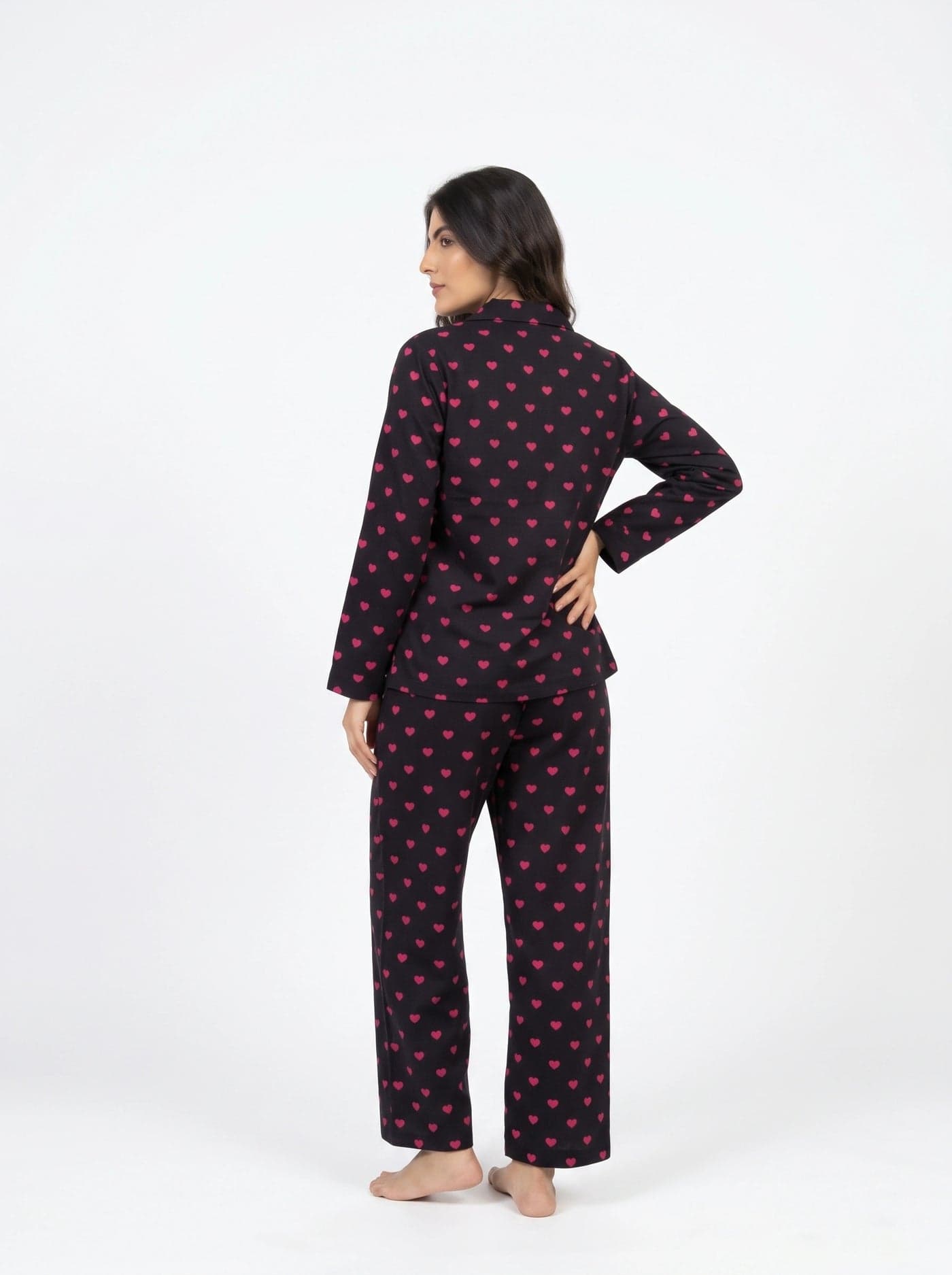 Black and Pink Heart Print Linen PJ Set for Women - view 3